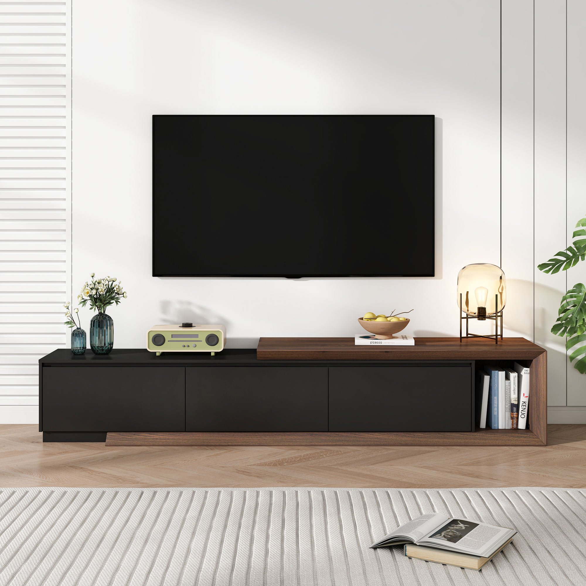 82"-107" Extendable TV Stand with 3 Storage Drawers,Fits TVs up to 120 Inch,Modern Wooden Entertainment Center for Living room, Bedroom