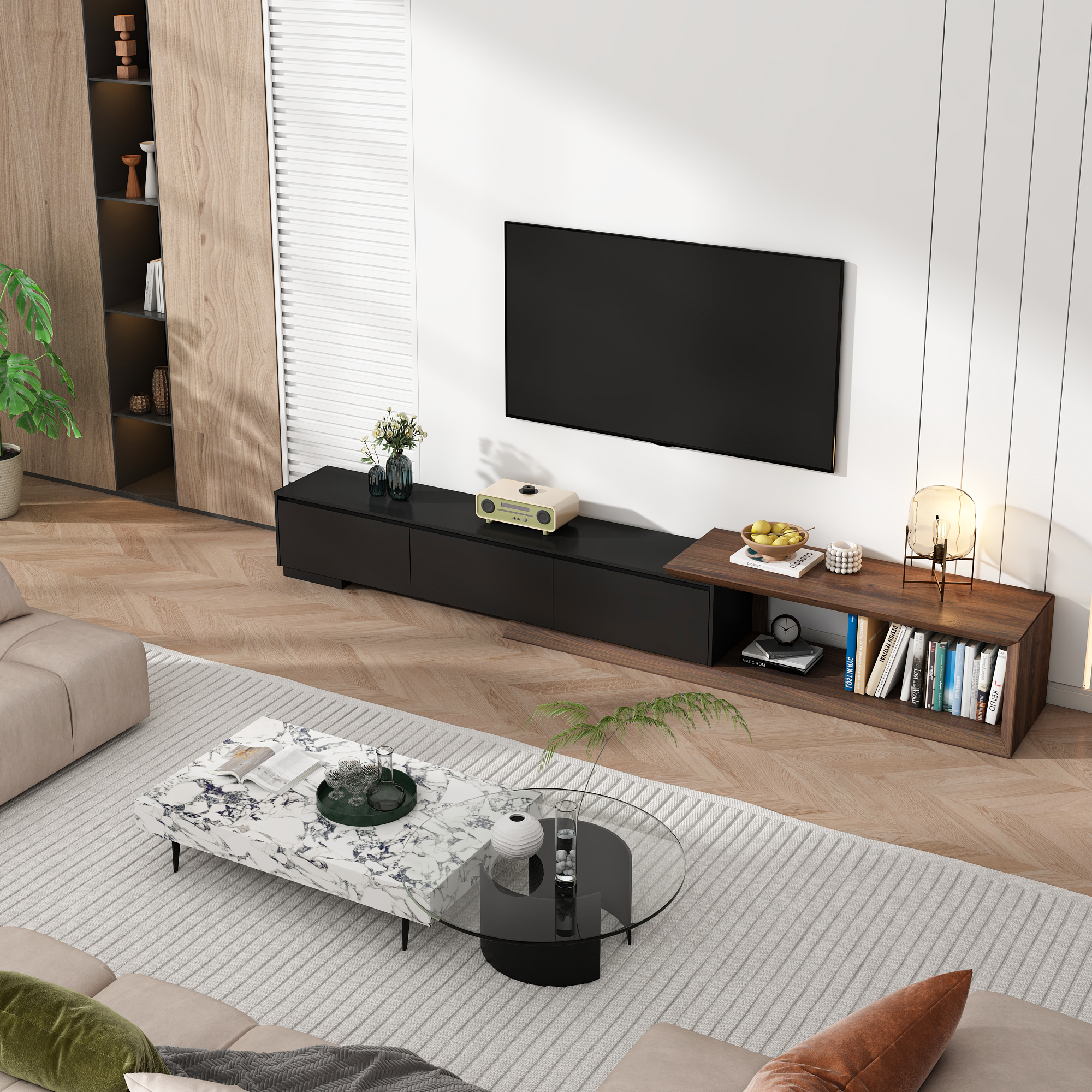 82"-107" Extendable TV Stand with 3 Storage Drawers,Fits TVs up to 120 Inch,Modern Wooden Entertainment Center for Living room, Bedroom