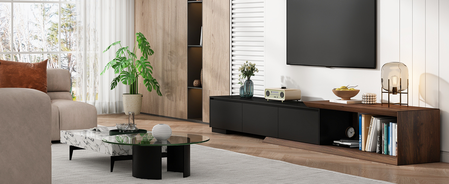 82"-107" Extendable TV Stand with 3 Storage Drawers,Fits TVs up to 120 Inch,Modern Wooden Entertainment Center for Living room, Bedroom