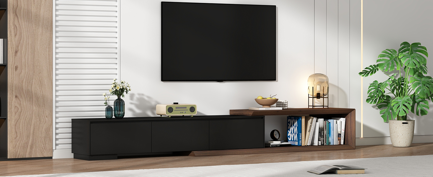 82"-107" Extendable TV Stand with 3 Storage Drawers,Fits TVs up to 120 Inch,Modern Wooden Entertainment Center for Living room, Bedroom