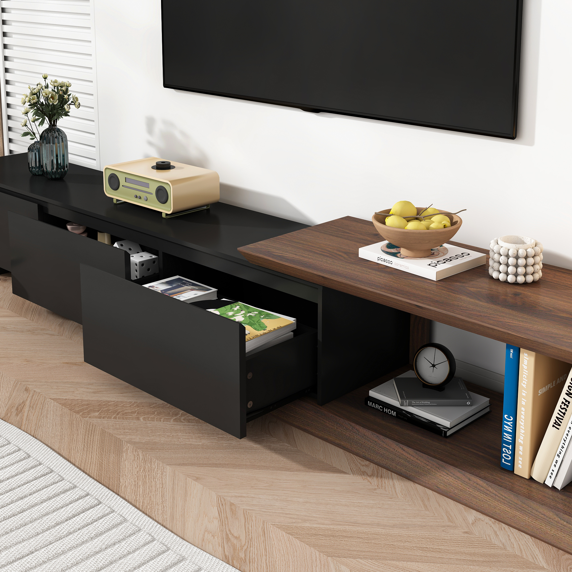 82"-107" Extendable TV Stand with 3 Storage Drawers,Fits TVs up to 120 Inch,Modern Wooden Entertainment Center for Living room, Bedroom