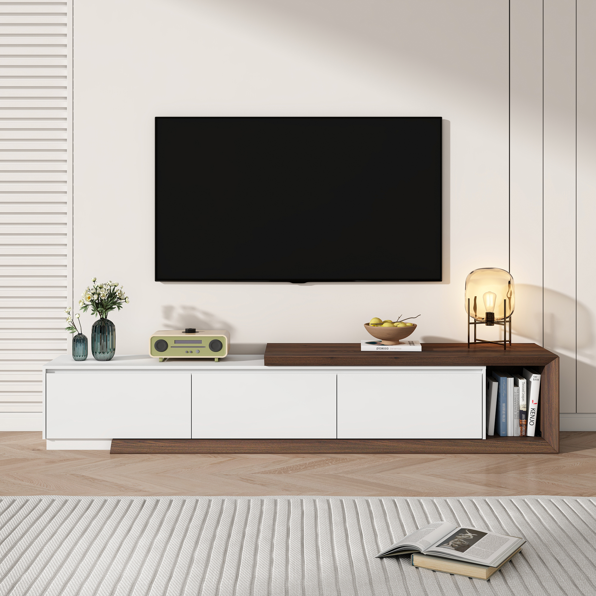 82"-107" Extendable TV Stand with 3 Storage Drawers,Fits TVs up to 120 Inch,Modern Wooden Entertainment Center for Living room, Bedroom