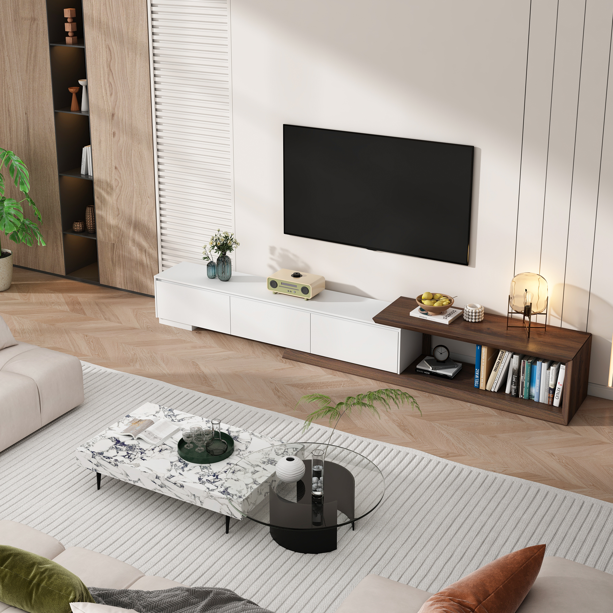 82"-107" Extendable TV Stand with 3 Storage Drawers,Fits TVs up to 120 Inch,Modern Wooden Entertainment Center for Living room, Bedroom