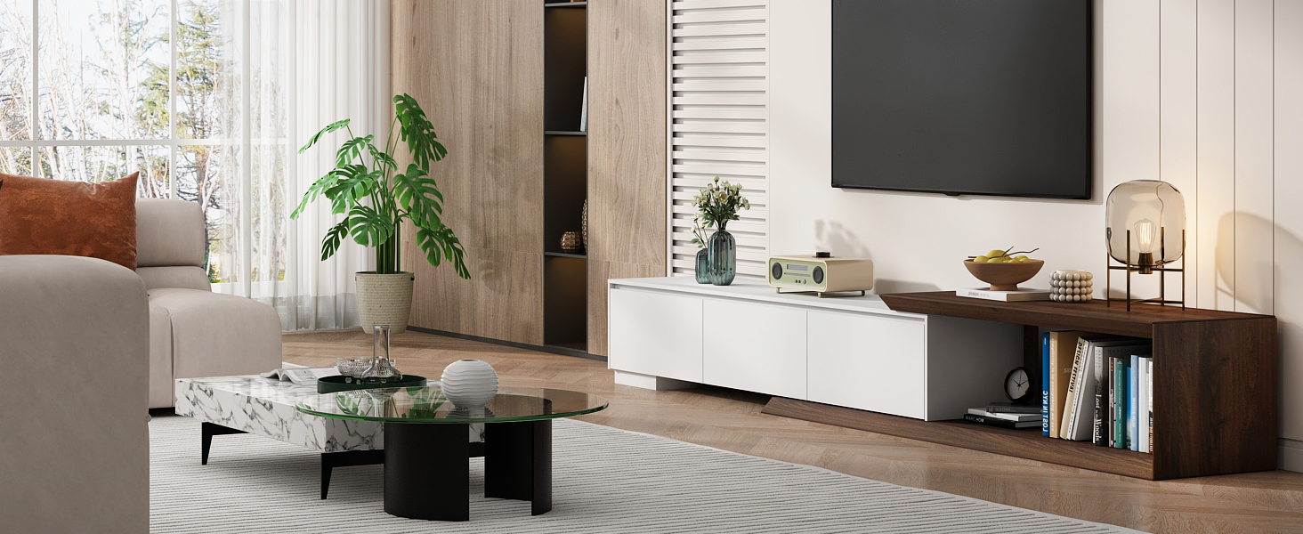 82"-107" Extendable TV Stand with 3 Storage Drawers,Fits TVs up to 120 Inch,Modern Wooden Entertainment Center for Living room, Bedroom