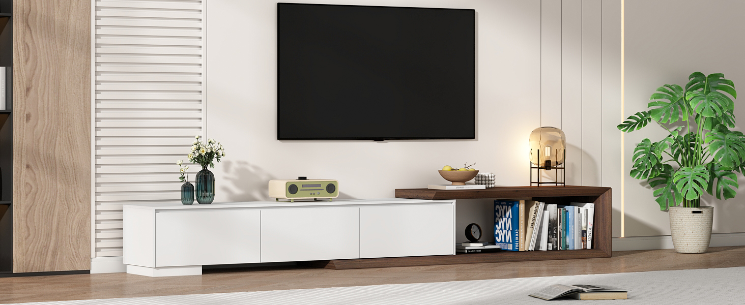 82"-107" Extendable TV Stand with 3 Storage Drawers,Fits TVs up to 120 Inch,Modern Wooden Entertainment Center for Living room, Bedroom