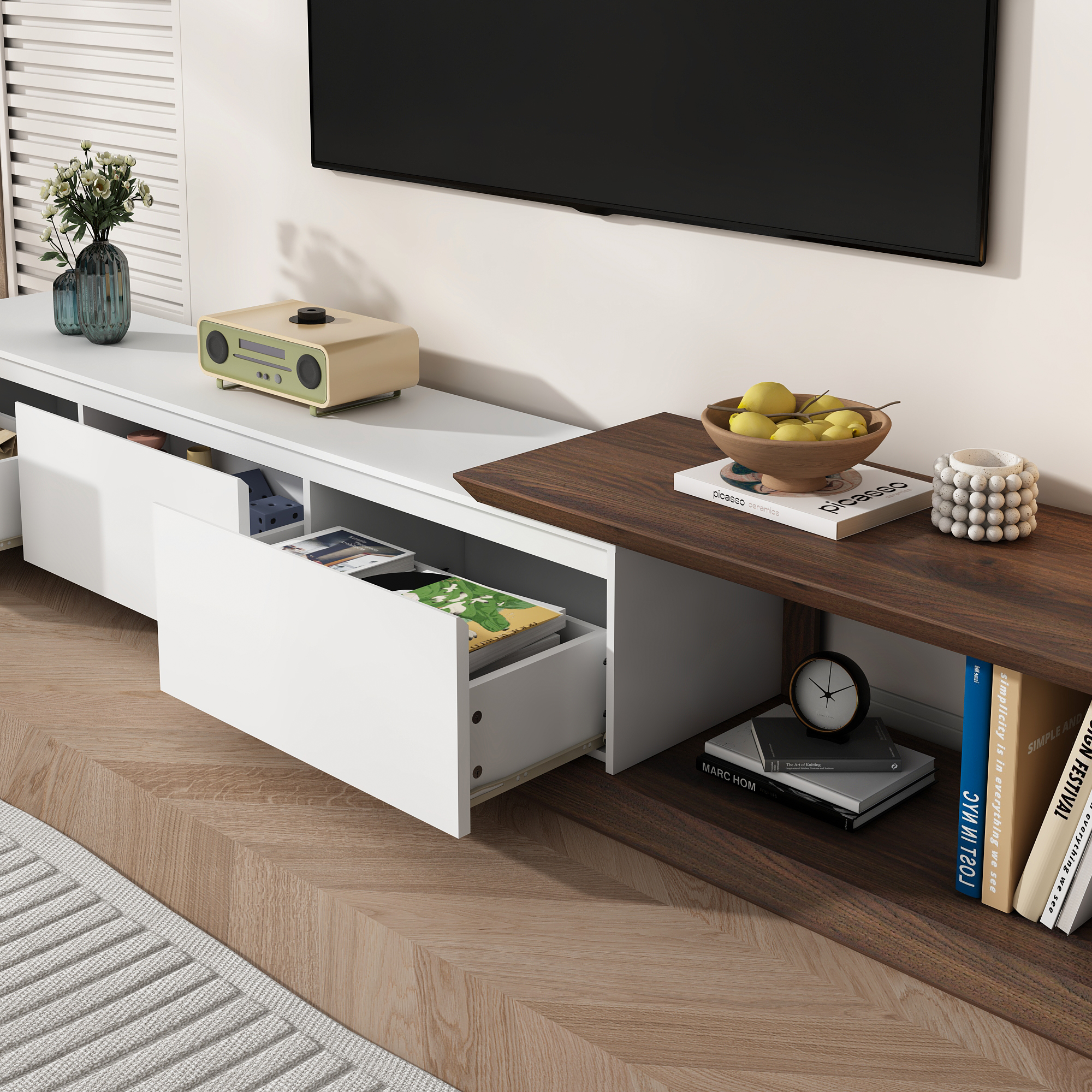 82"-107" Extendable TV Stand with 3 Storage Drawers,Fits TVs up to 120 Inch,Modern Wooden Entertainment Center for Living room, Bedroom