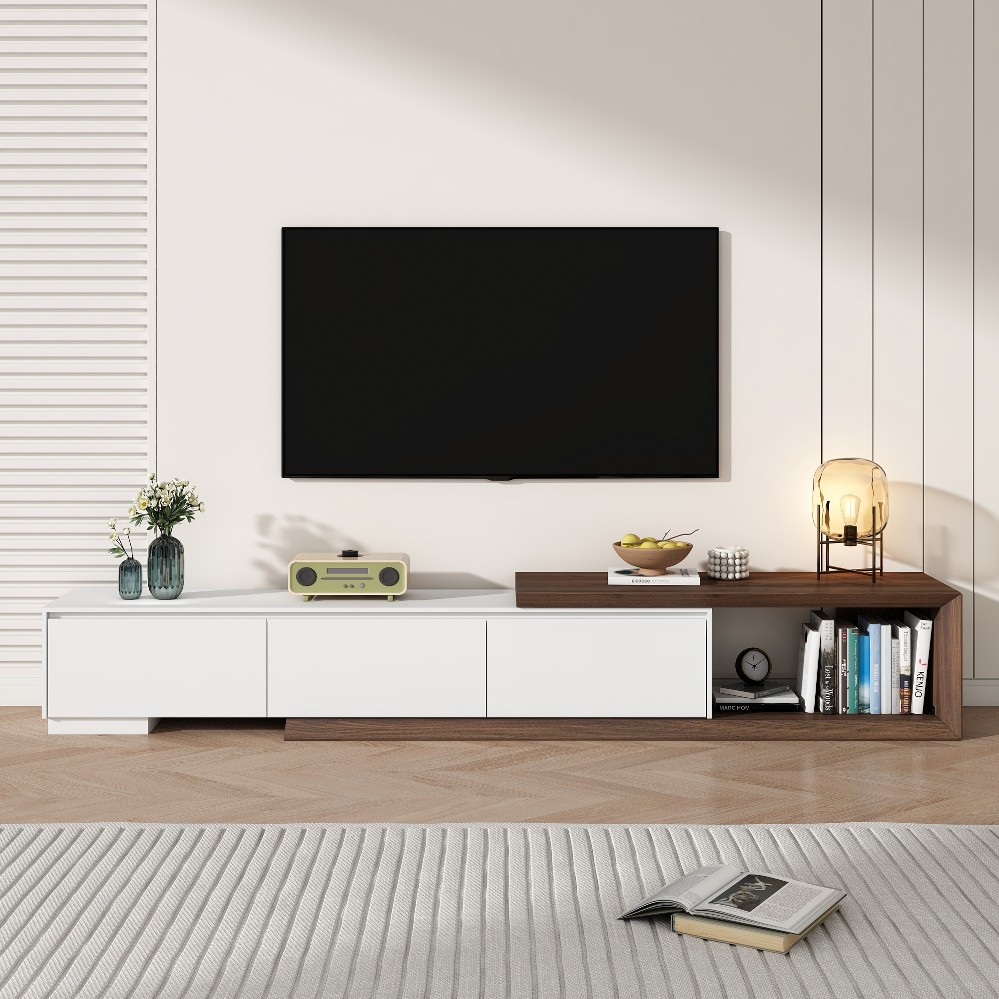 82"-107" Extendable TV Stand with 3 Storage Drawers,Fits TVs up to 120 Inch,Modern Wooden Entertainment Center for Living room, Bedroom