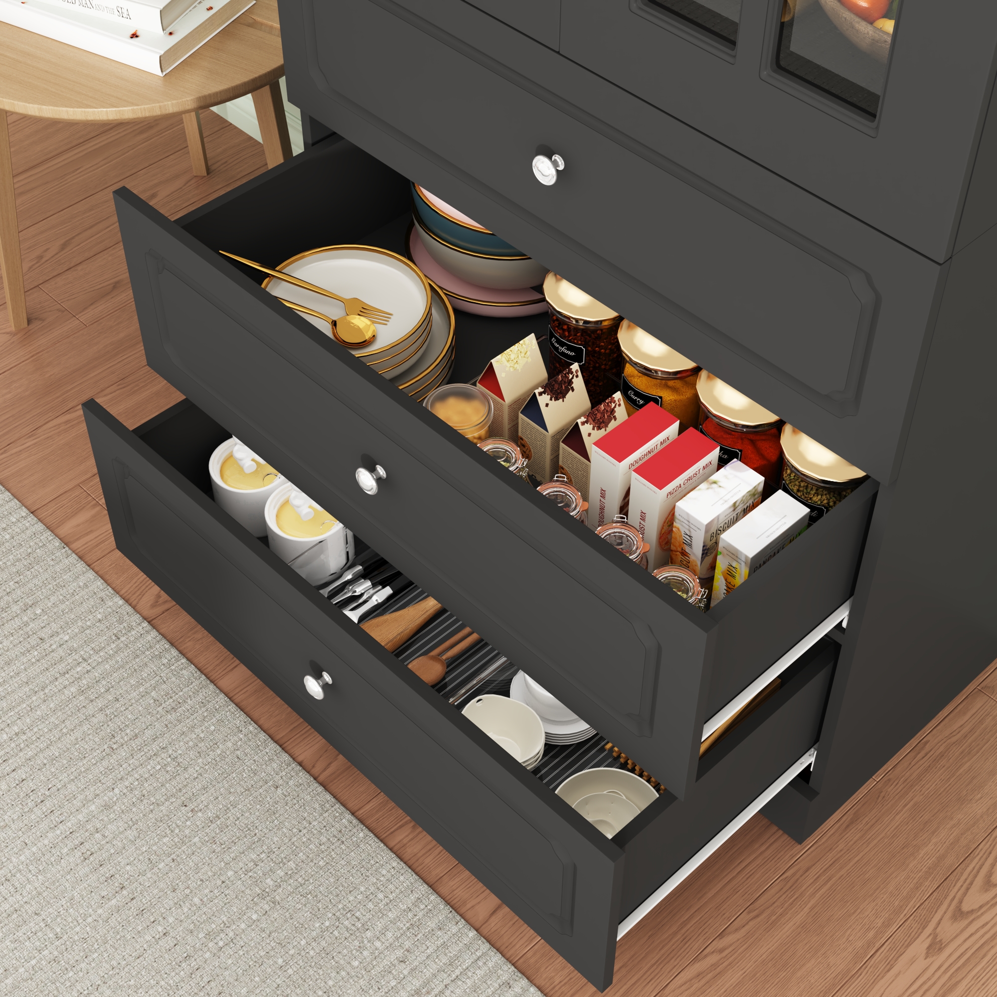 78.7" Tall Kitchen Pantry Cabinet with 2 Glass Doors, Large Drawer Storage Cabinet with Shelves, Freestanding Storage Cabinet for Dining Room and Living Room