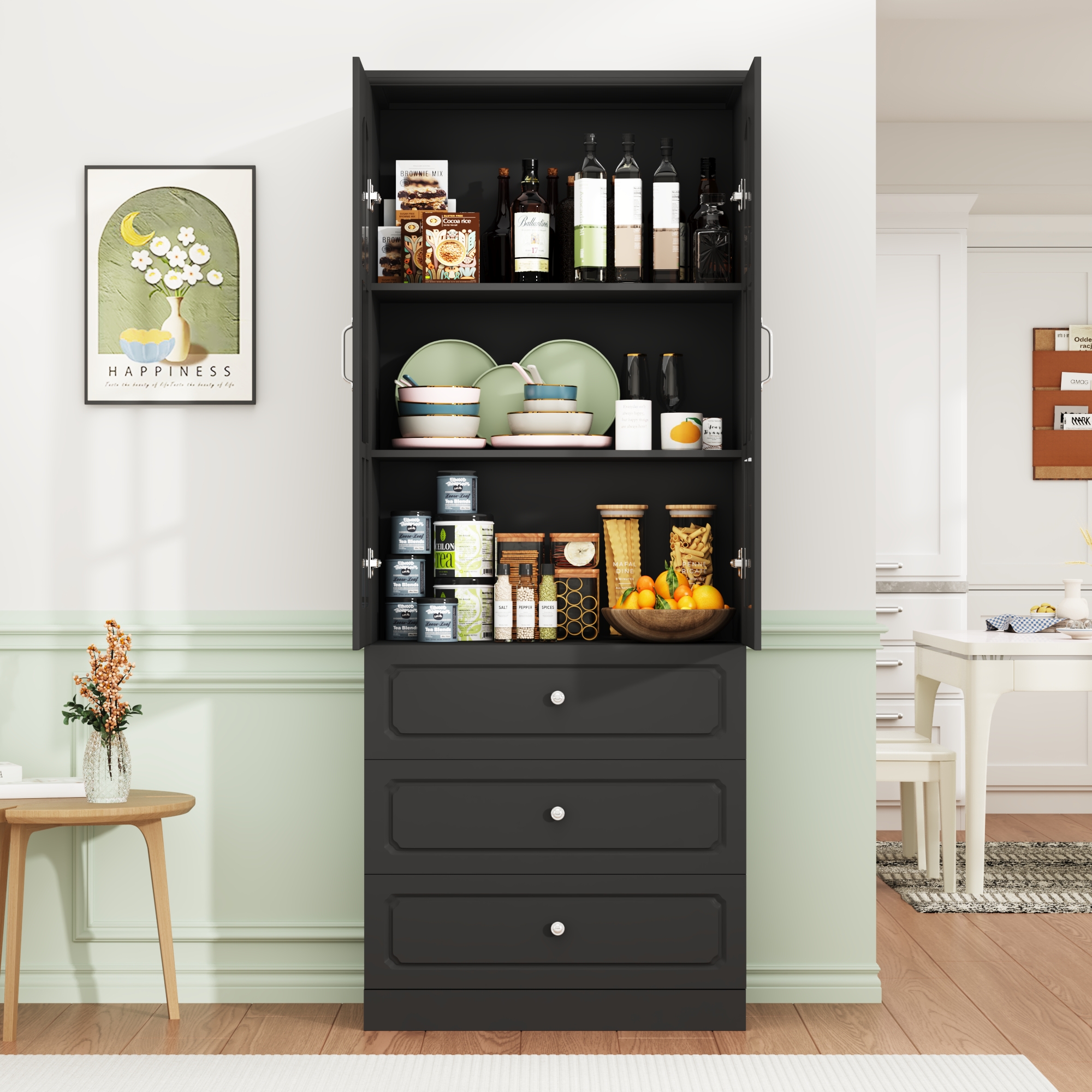 78.7" Tall Kitchen Pantry Cabinet with 2 Glass Doors, Large Drawer Storage Cabinet with Shelves, Freestanding Storage Cabinet for Dining Room and Living Room