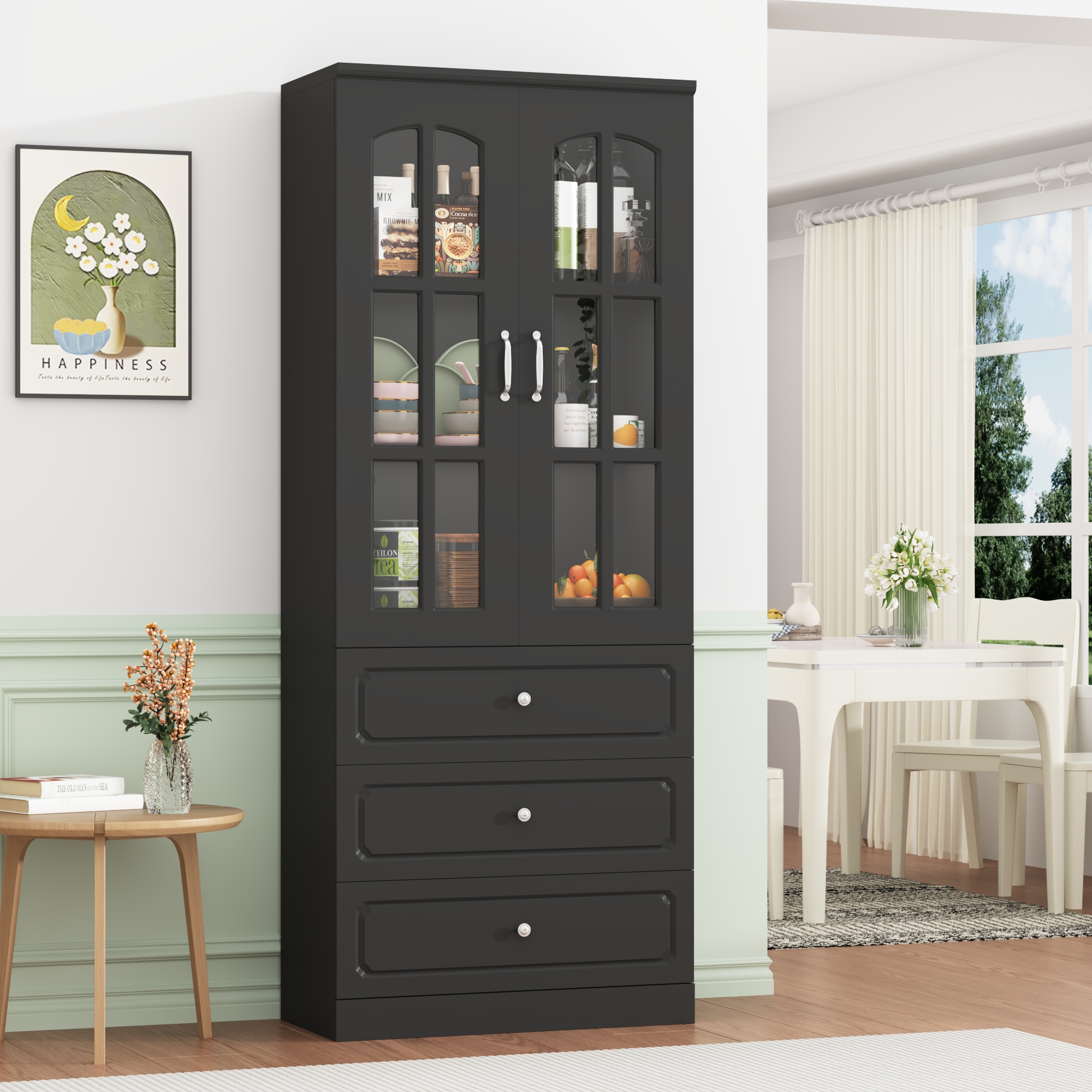 78.7" Tall Kitchen Pantry Cabinet with 2 Glass Doors, Large Drawer Storage Cabinet with Shelves, Freestanding Storage Cabinet for Dining Room and Living Room