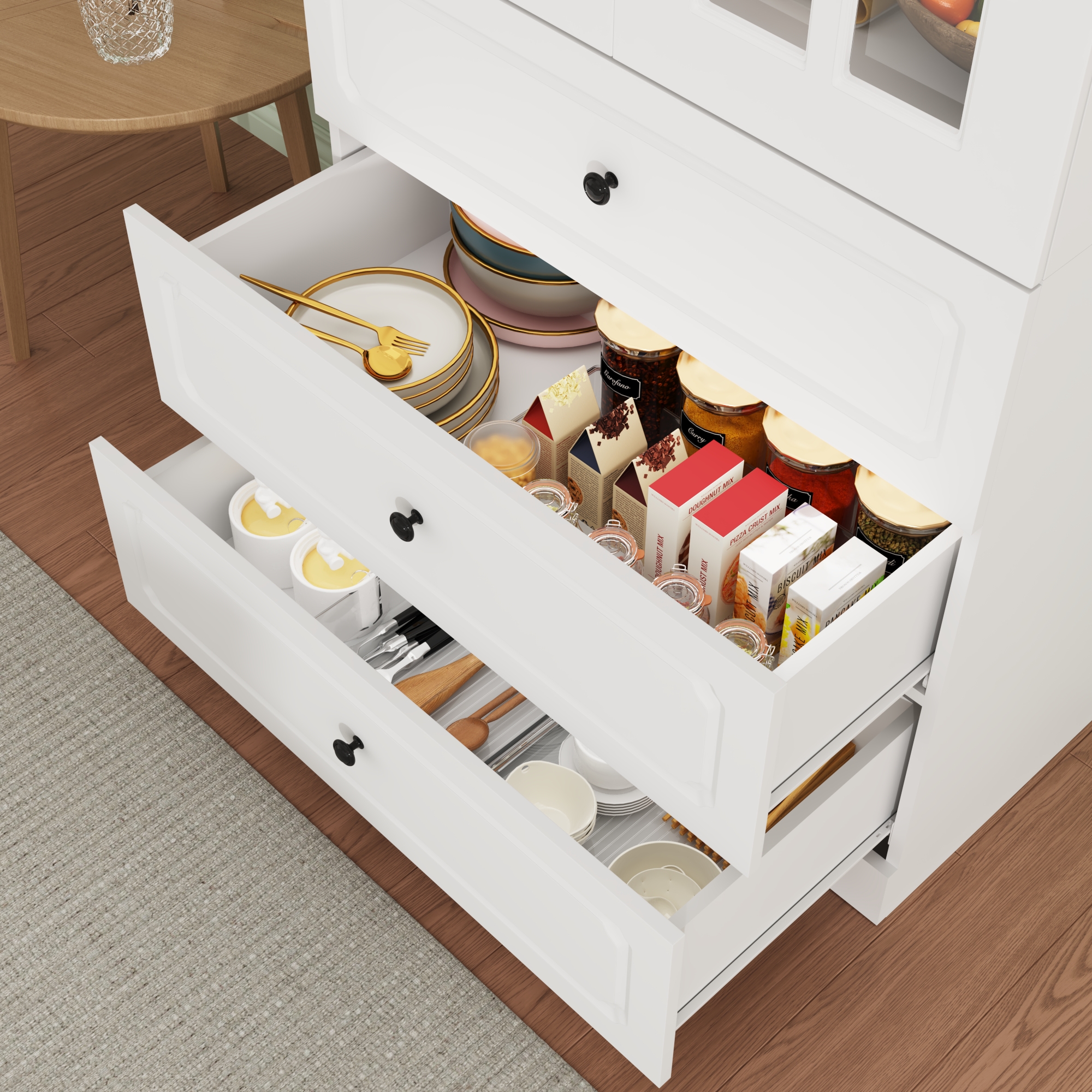 78.7" Tall Kitchen Pantry Cabinet with 2 Glass Doors, Large Drawer Storage Cabinet with Shelves, Freestanding Storage Cabinet for Dining Room and Living Room