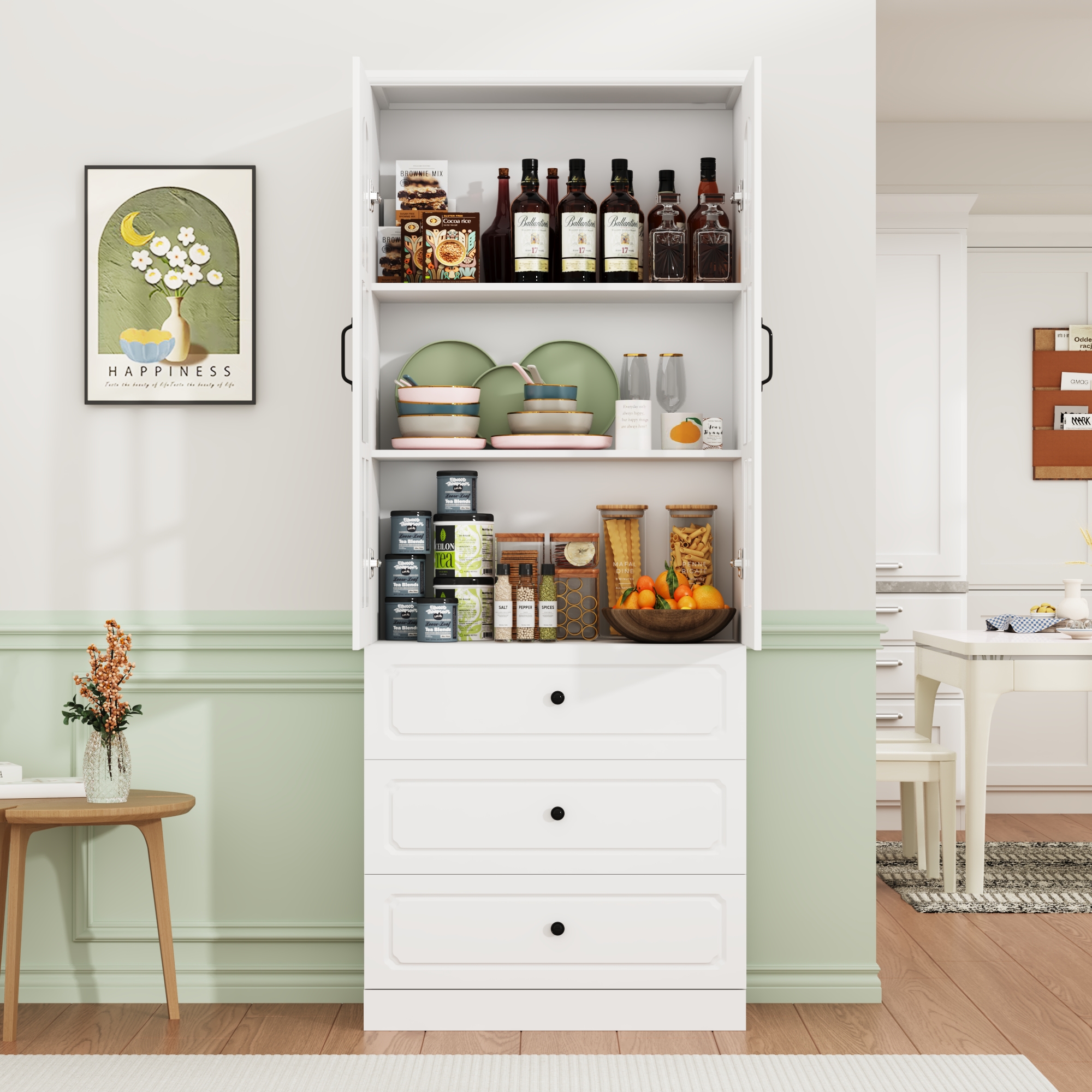 78.7" Tall Kitchen Pantry Cabinet with 2 Glass Doors, Large Drawer Storage Cabinet with Shelves, Freestanding Storage Cabinet for Dining Room and Living Room