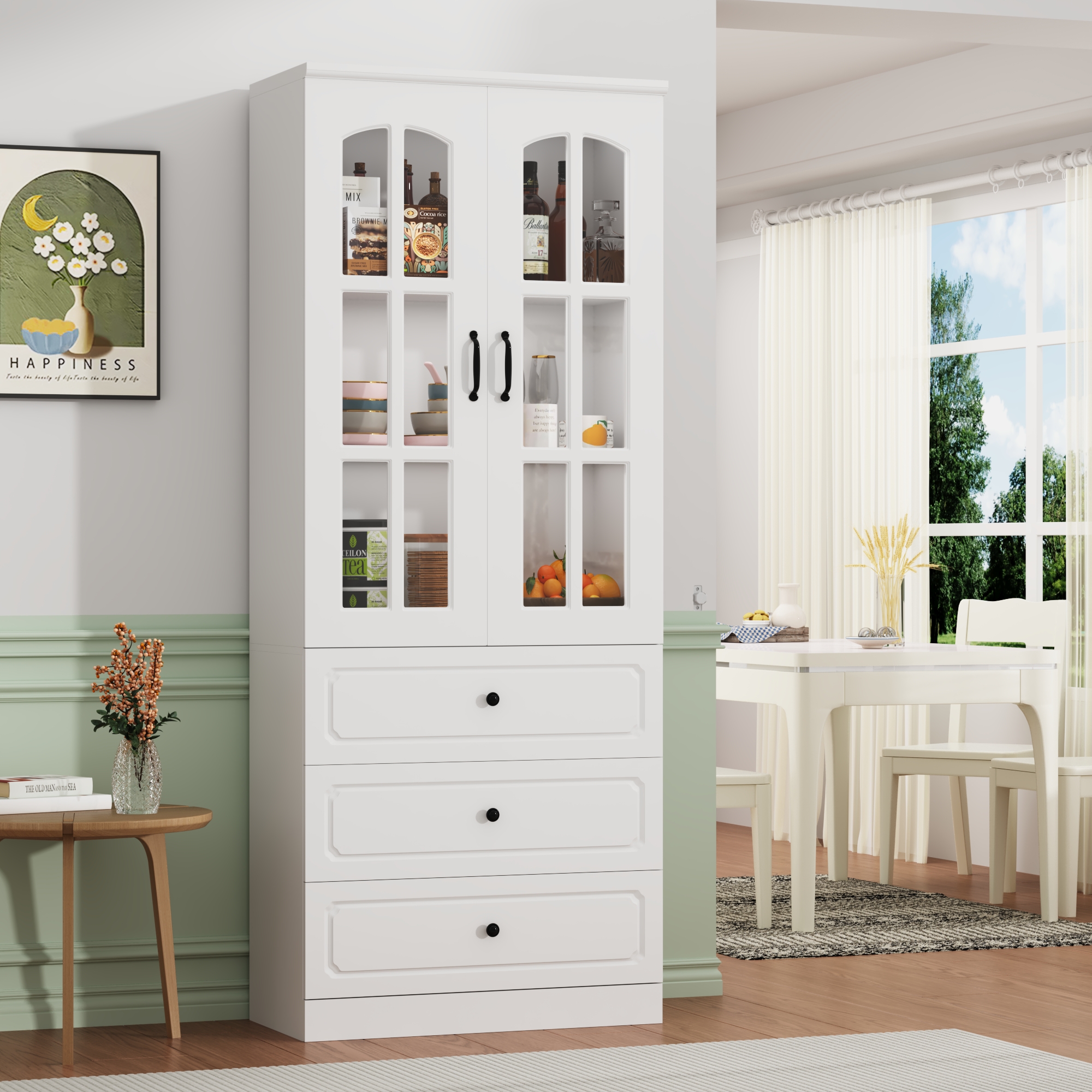 78.7" Tall Kitchen Pantry Cabinet with 2 Glass Doors, Large Drawer Storage Cabinet with Shelves, Freestanding Storage Cabinet for Dining Room and Living Room