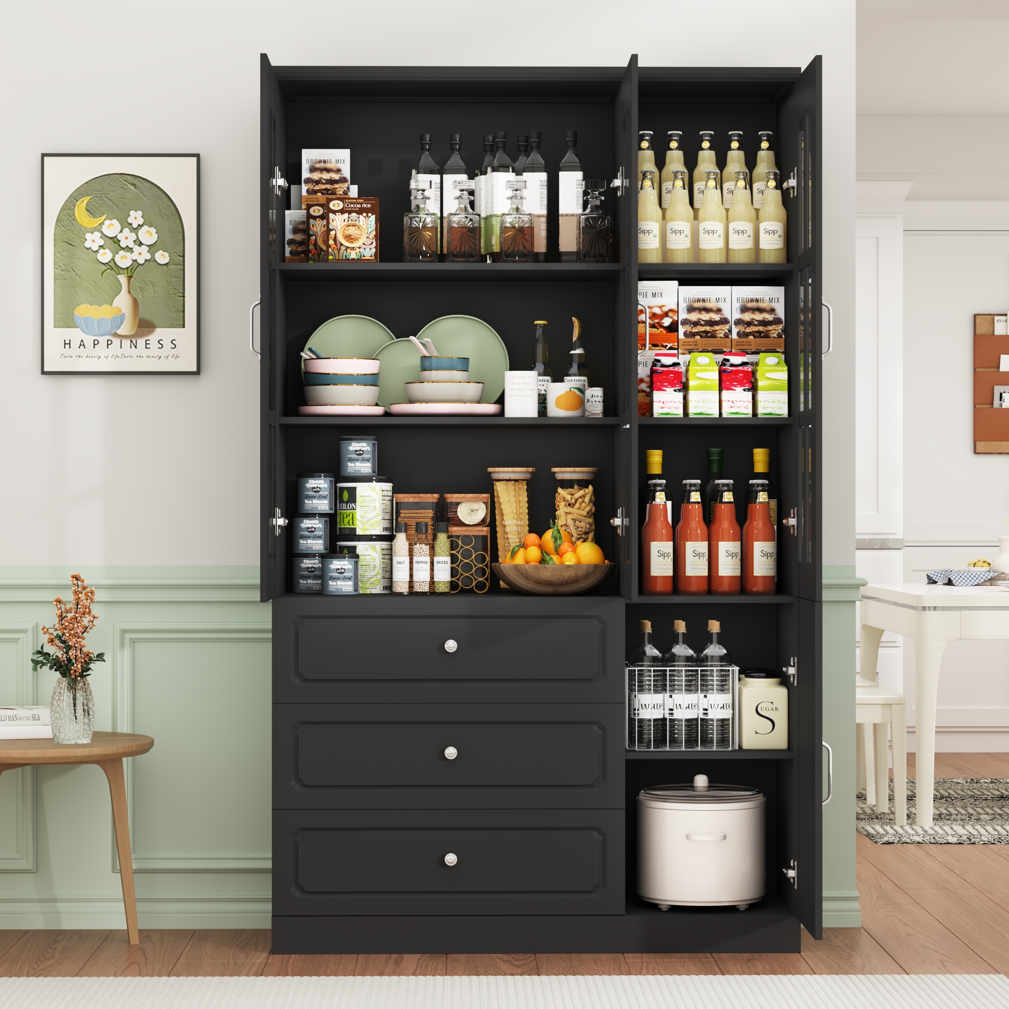 78.7" Tall Kitchen Pantry Cabinet with 2 Glass Doors, Large Drawer Storage Cabinet with Shelves, Freestanding Storage Cabinet for Dining Room and Living Room