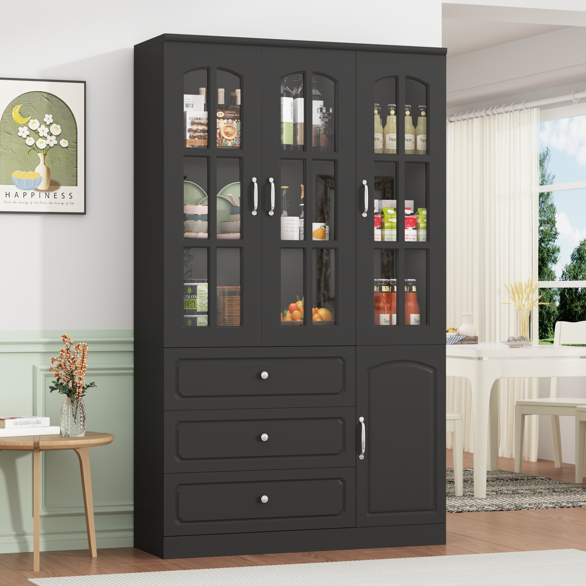 78.7" Tall Kitchen Pantry Cabinet with 2 Glass Doors, Large Drawer Storage Cabinet with Shelves, Freestanding Storage Cabinet for Dining Room and Living Room