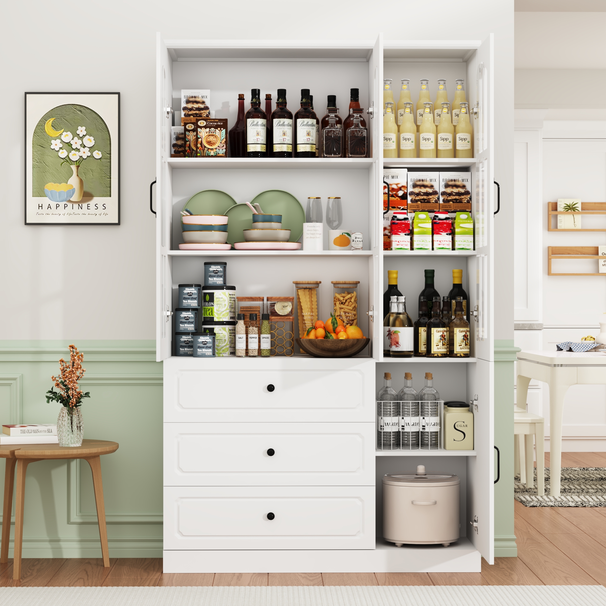 78.7" Tall Kitchen Pantry Cabinet with 2 Glass Doors, Large Drawer Storage Cabinet with Shelves, Freestanding Storage Cabinet for Dining Room and Living Room