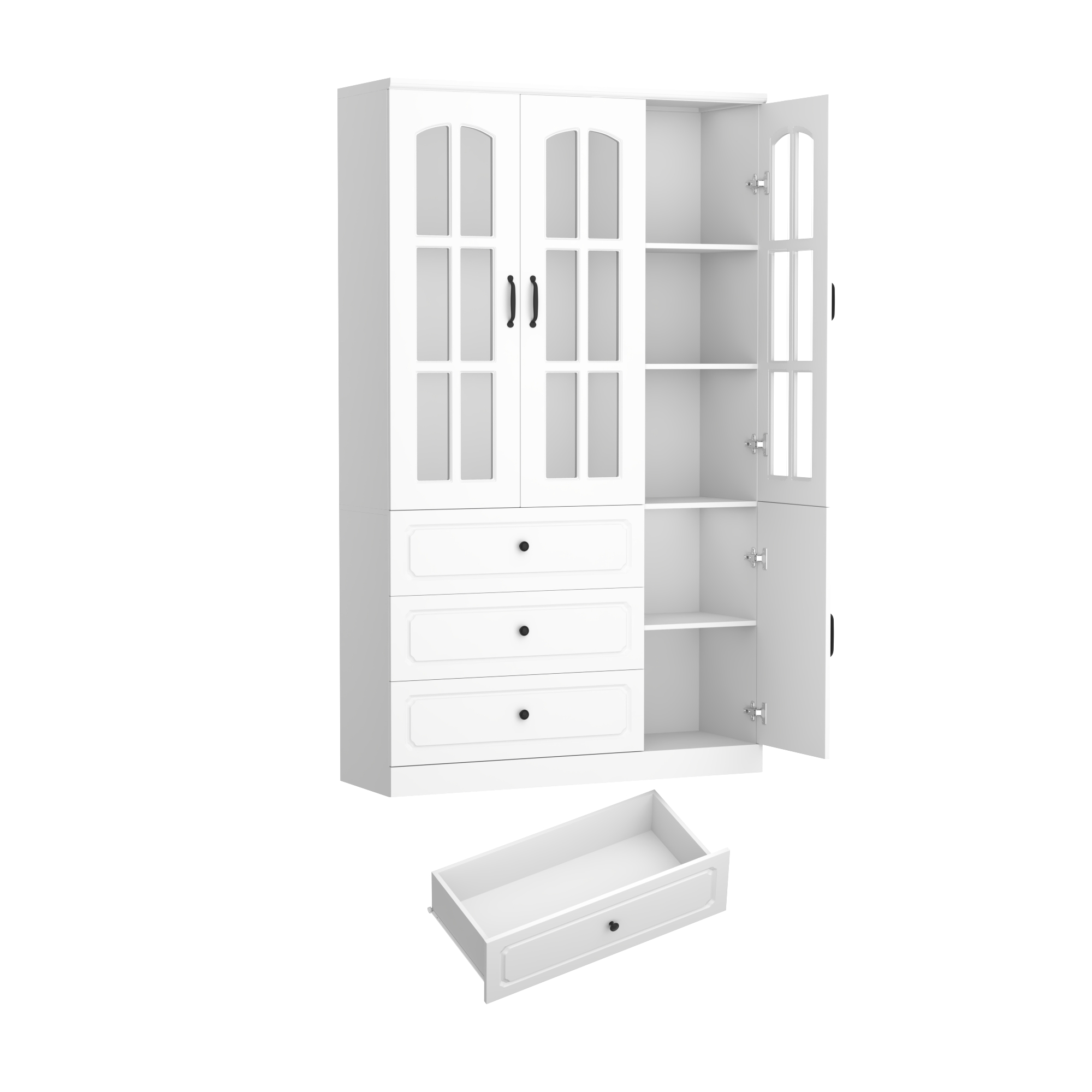 78.7" Tall Kitchen Pantry Cabinet with 2 Glass Doors, Large Drawer Storage Cabinet with Shelves, Freestanding Storage Cabinet for Dining Room and Living Room