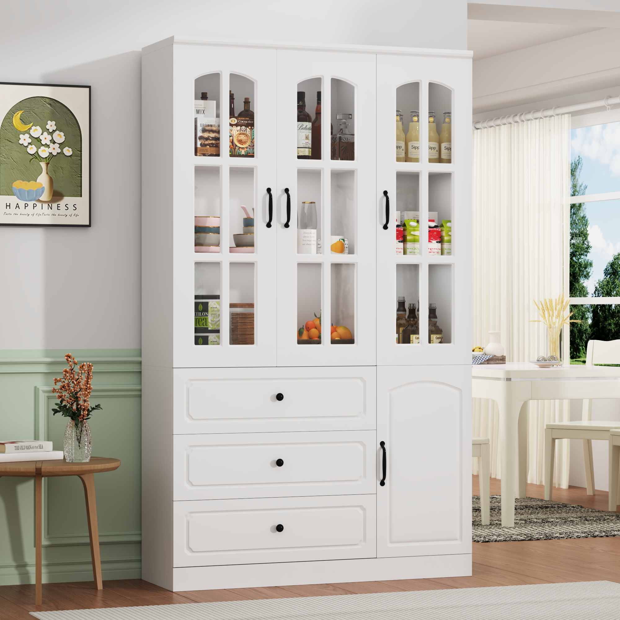 78.7" Tall Kitchen Pantry Cabinet with 2 Glass Doors, Large Drawer Storage Cabinet with Shelves, Freestanding Storage Cabinet for Dining Room and Living Room