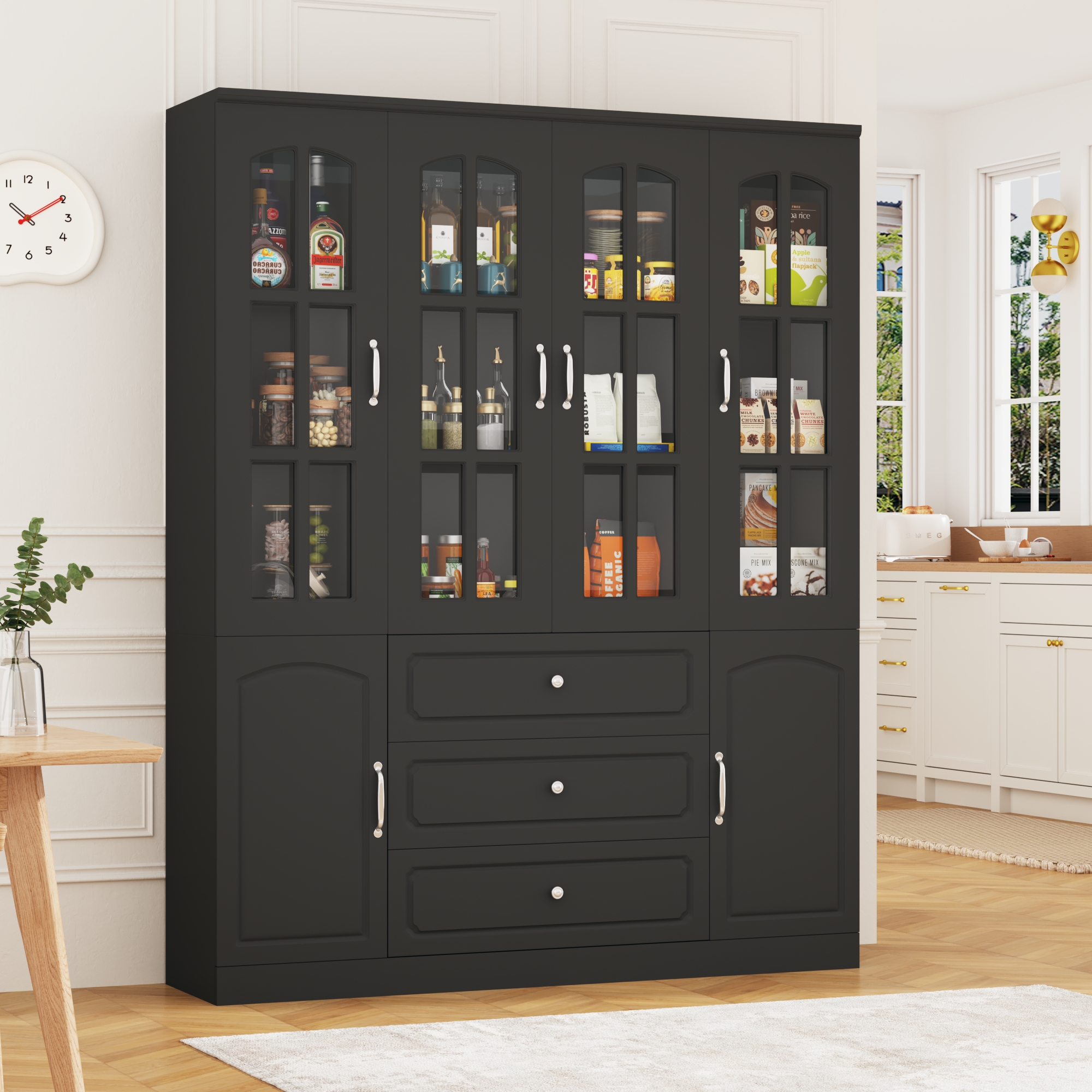 78.7" Tall Kitchen Pantry Cabinet with 2 Glass Doors, Large Drawer Storage Cabinet with Shelves, Freestanding Storage Cabinet for Dining Room and Living Room