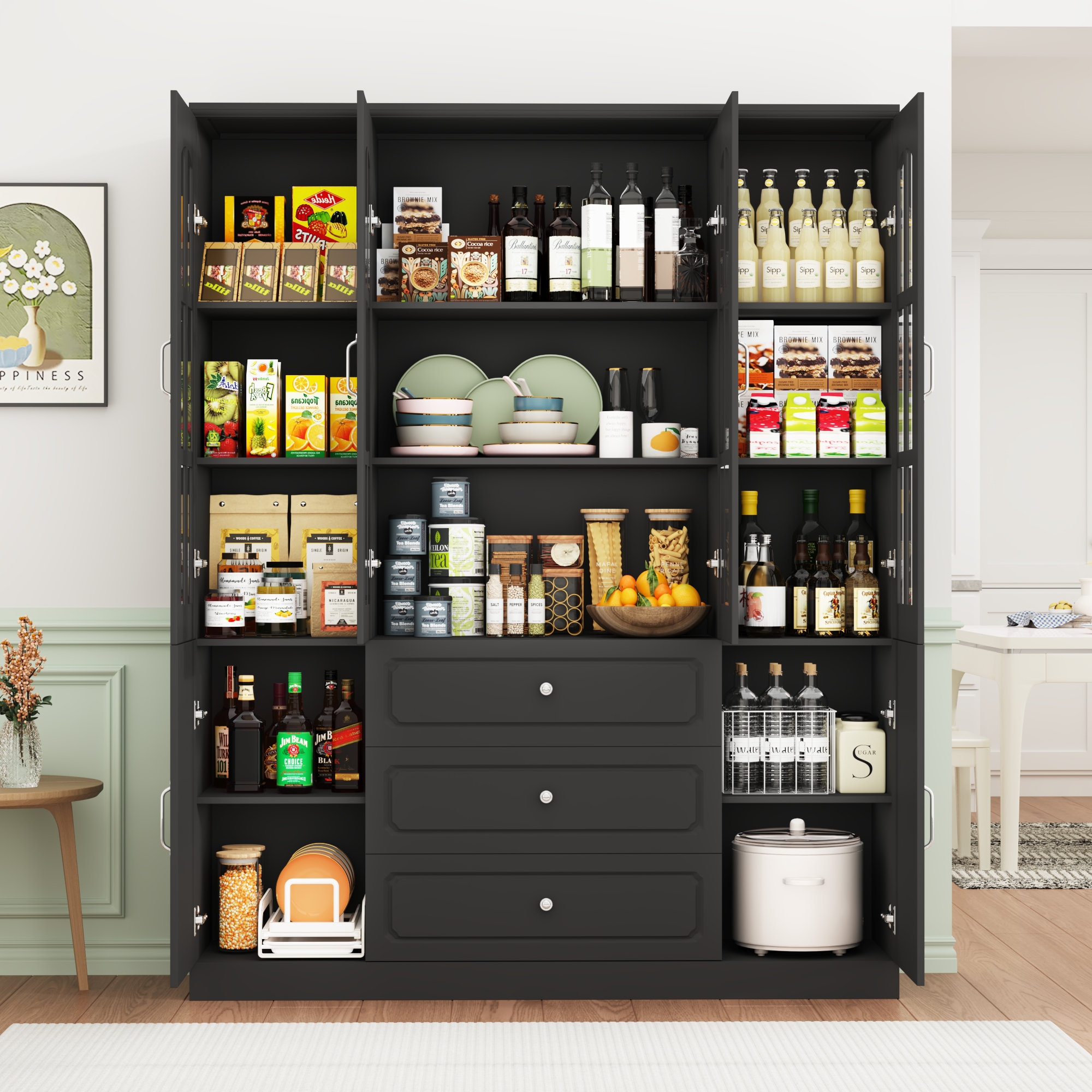 78.7" Tall Kitchen Pantry Cabinet with 2 Glass Doors, Large Drawer Storage Cabinet with Shelves, Freestanding Storage Cabinet for Dining Room and Living Room