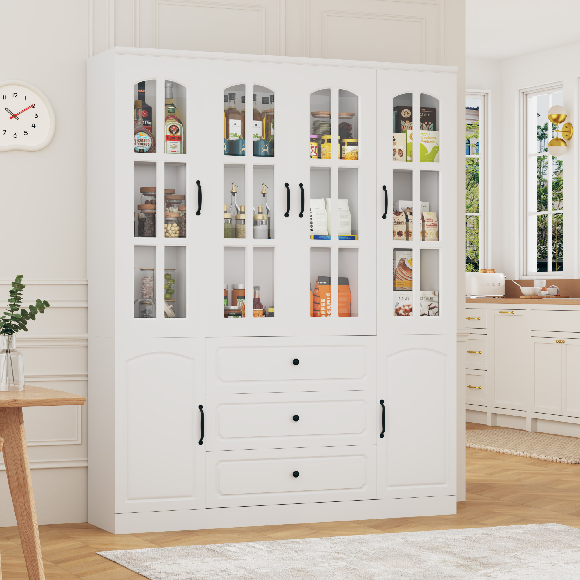 78.7" Tall Kitchen Pantry Cabinet with 2 Glass Doors, Large Drawer Storage Cabinet with Shelves, Freestanding Storage Cabinet for Dining Room and Living Room