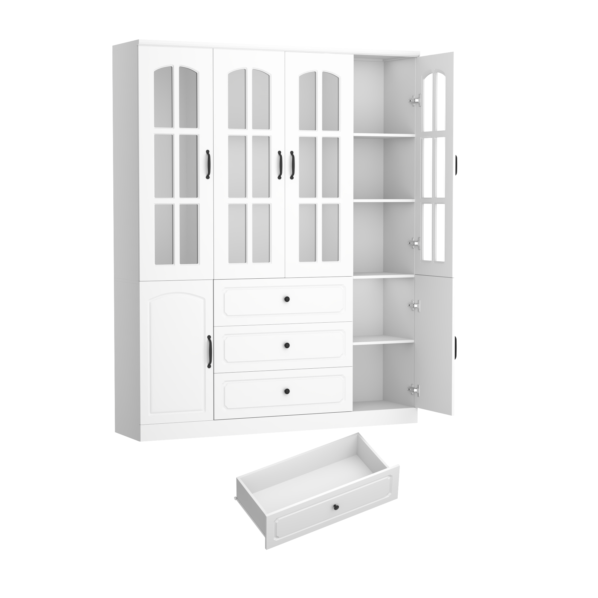 78.7" Tall Kitchen Pantry Cabinet with 2 Glass Doors, Large Drawer Storage Cabinet with Shelves, Freestanding Storage Cabinet for Dining Room and Living Room