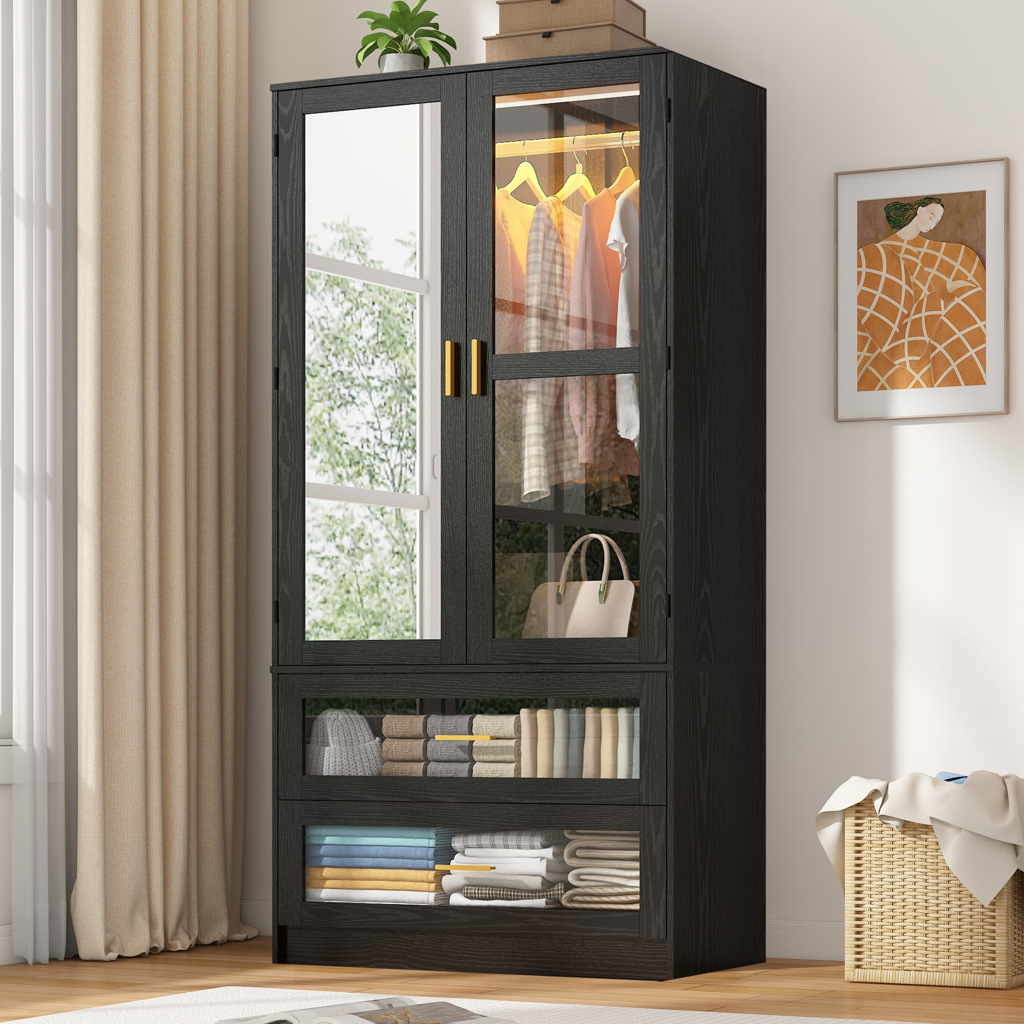 2 Glass Door Armoire Wardrobe Closet with LED Sensor Light