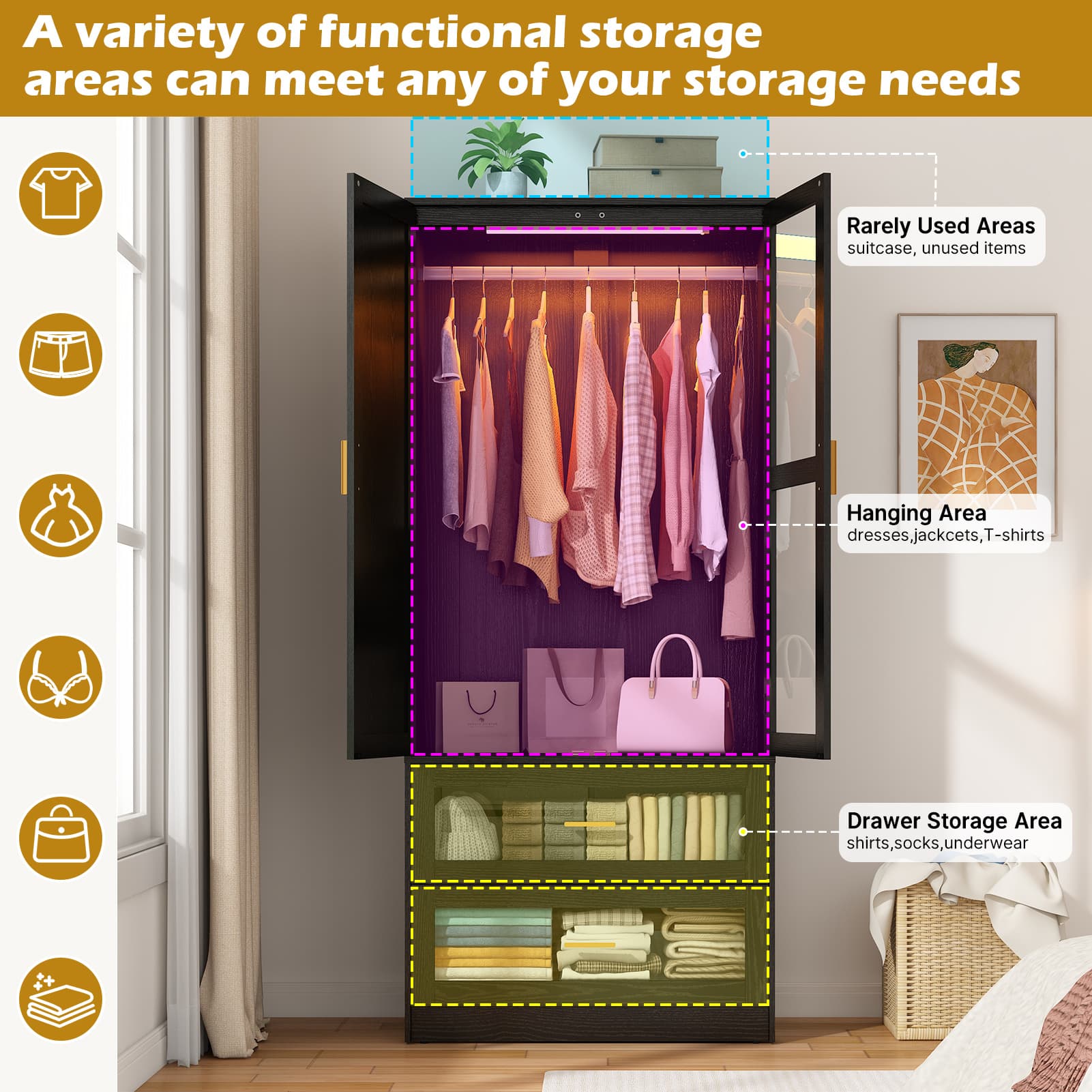 2 Glass Door Armoire Wardrobe Closet with LED Sensor Light