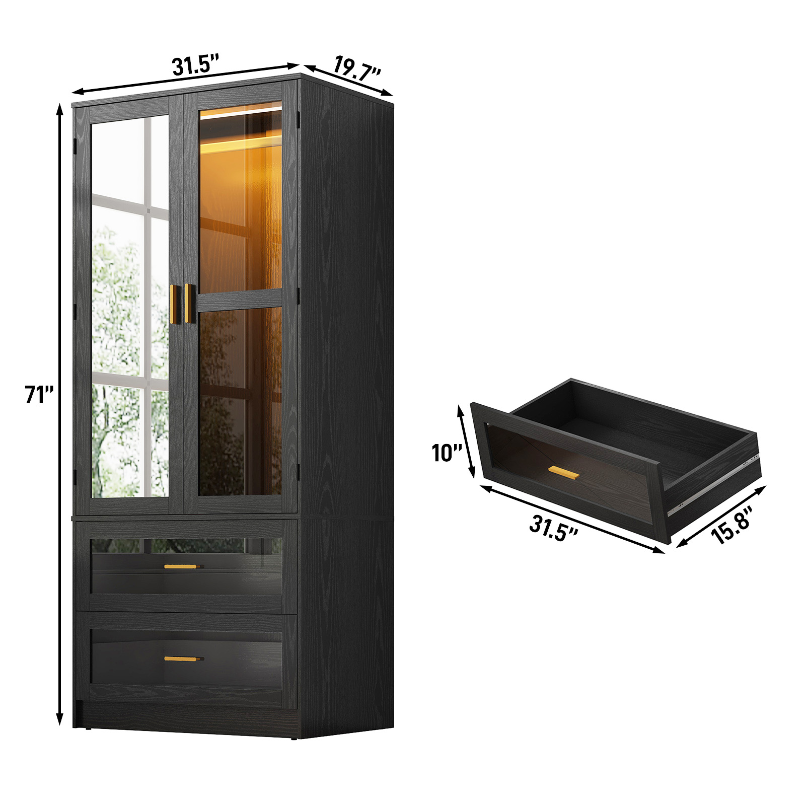 2 Glass Door Armoire Wardrobe Closet with LED Sensor Light