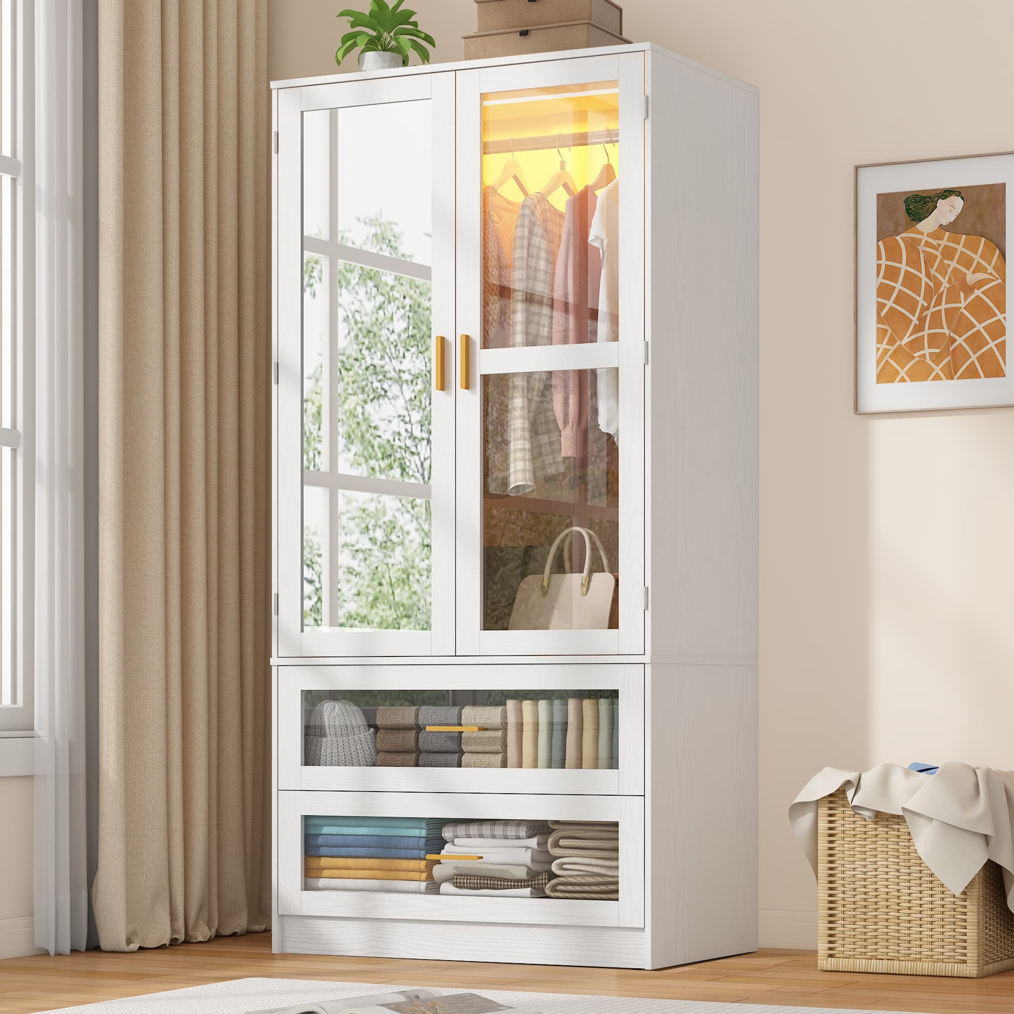 2 Glass Door Armoire Wardrobe Closet with LED Sensor Light