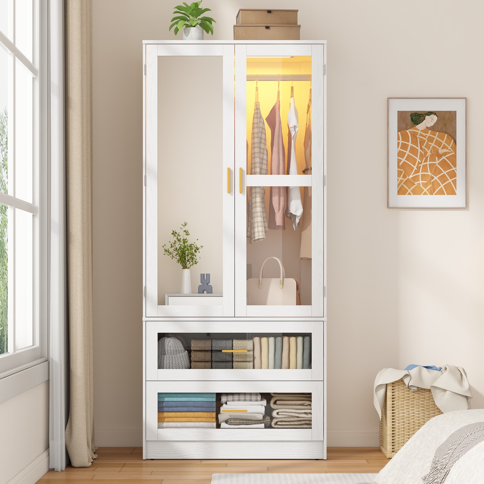 2 Glass Door Armoire Wardrobe Closet with LED Sensor Light