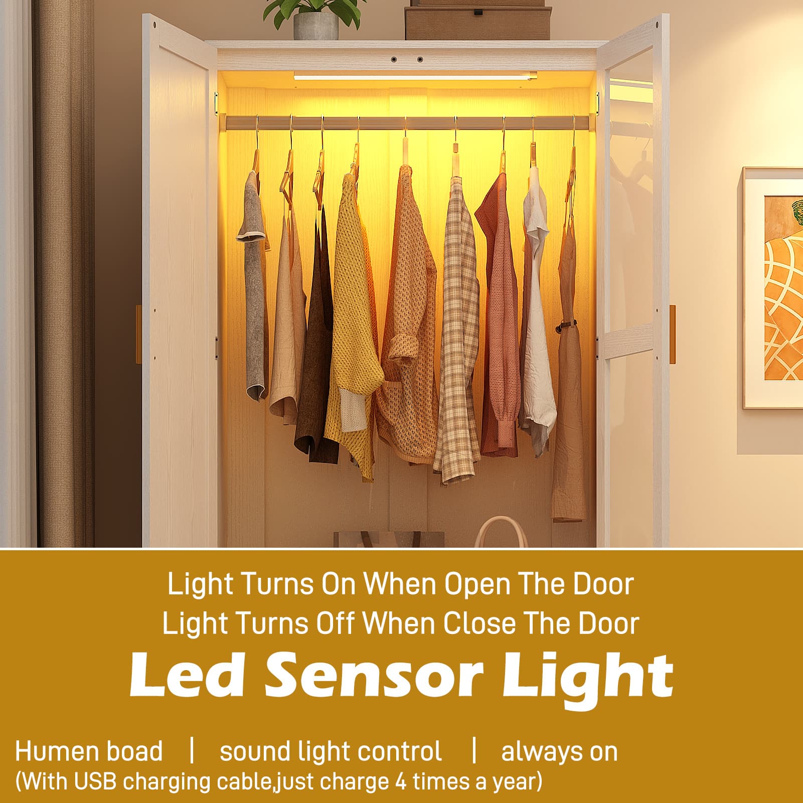 2 Glass Door Armoire Wardrobe Closet with LED Sensor Light