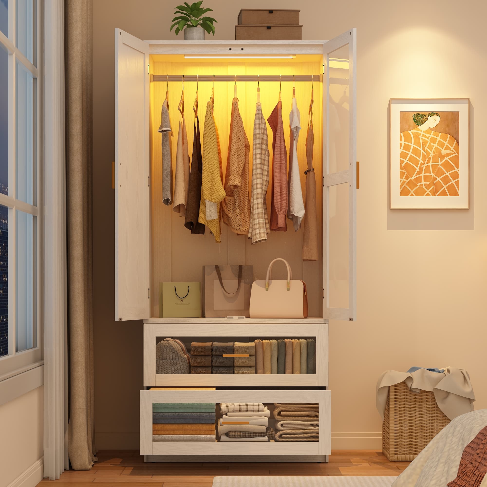 2 Glass Door Armoire Wardrobe Closet with LED Sensor Light