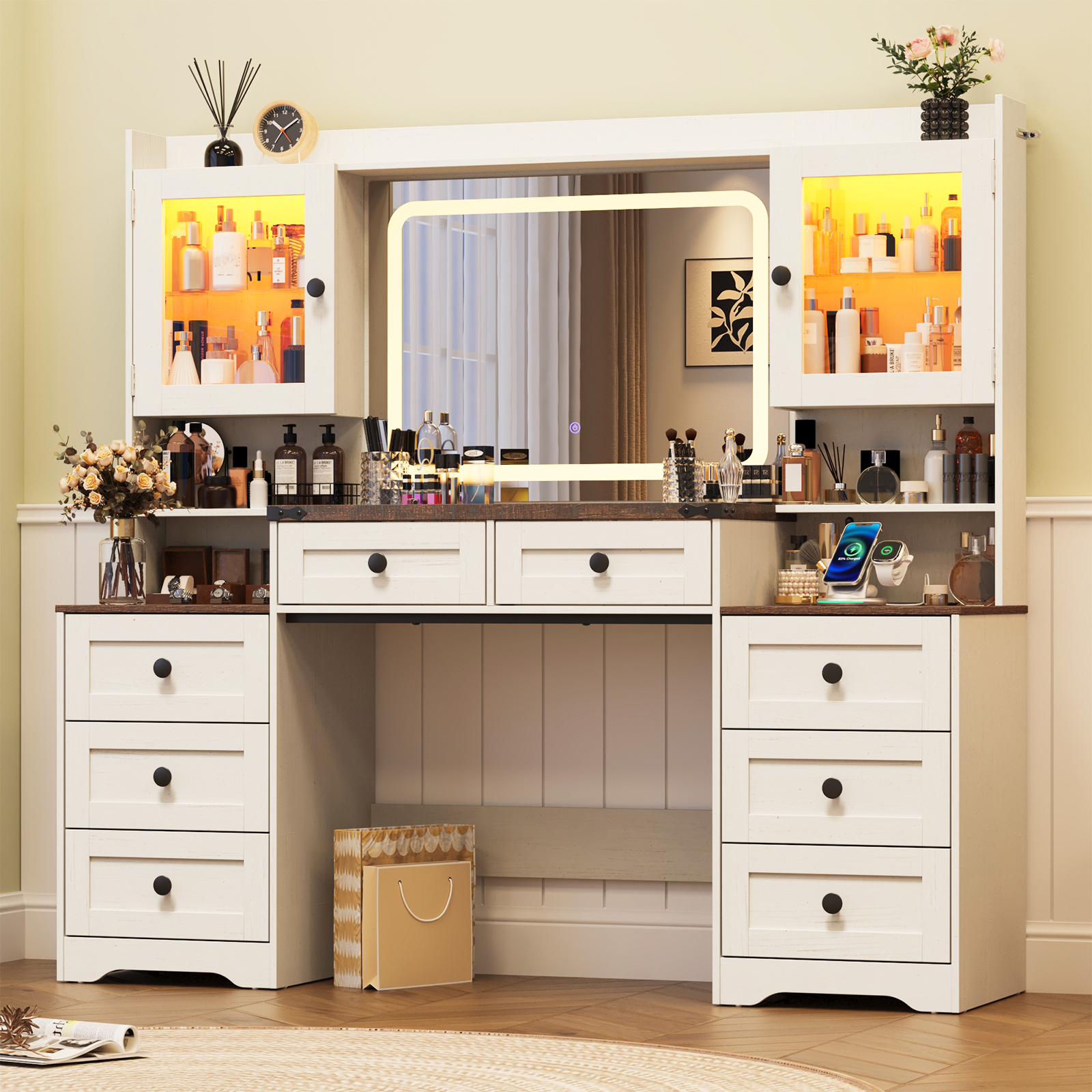 ANPOO 60" Farmhouse Vanity Desk with Outlet, Mirror Lights, Tempered Glass Top, Big Makeup Vanity Table with 2 RGB Glass Cabinets, 60000-color LED Lights, Wood Makeup Desk for Women, Girls