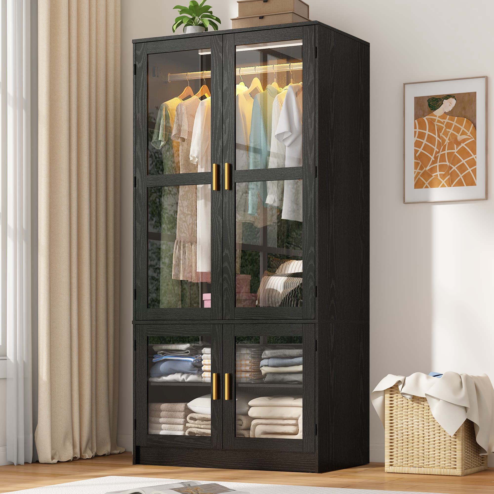 2 Glass Door Armoire Wardrobe Closet with LED Sensor Light