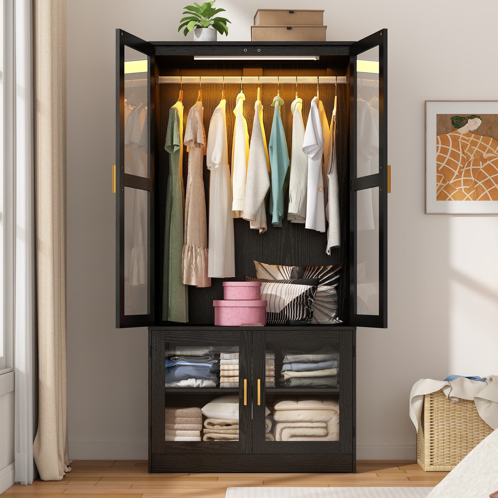 2 Glass Door Armoire Wardrobe Closet with LED Sensor Light