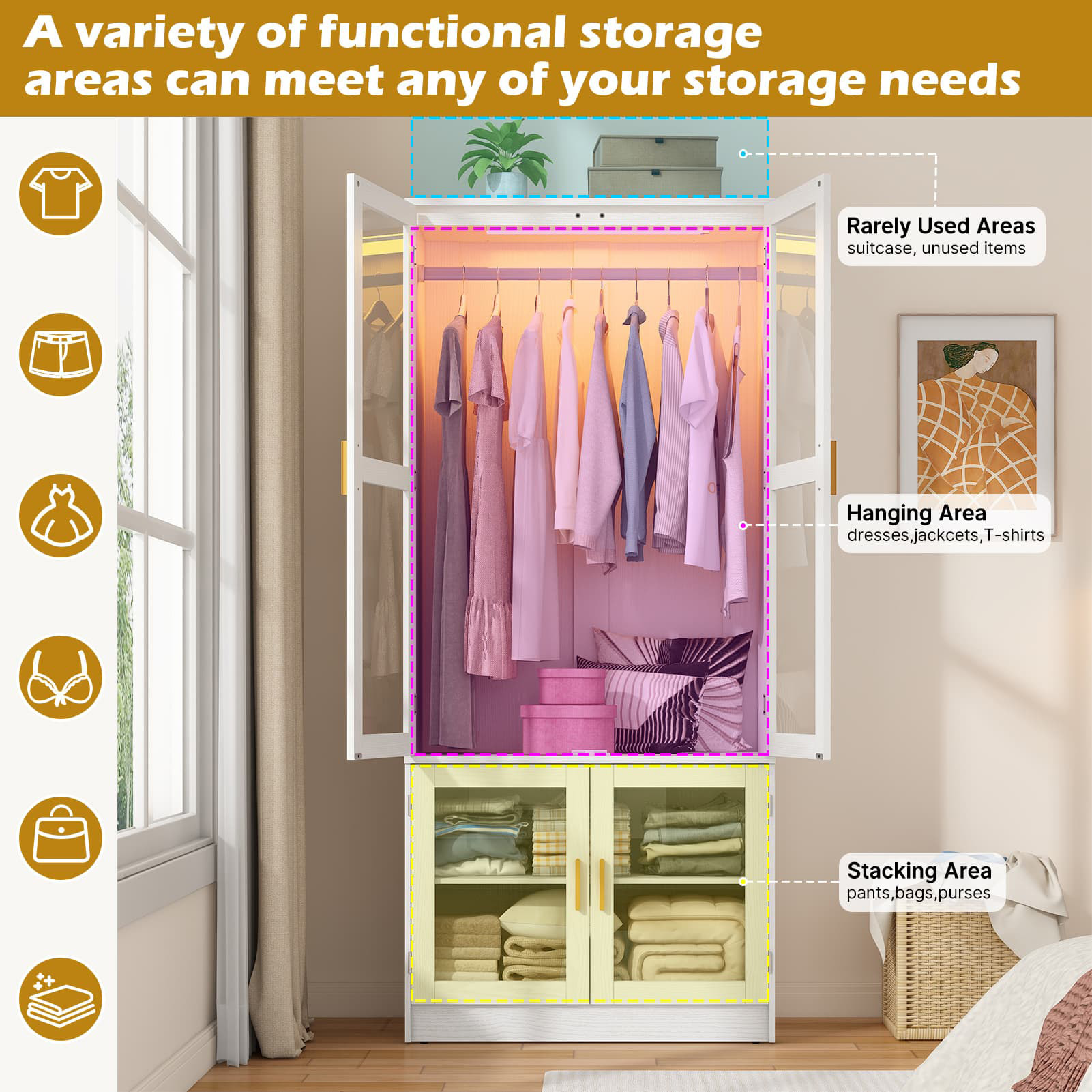 2 Glass Door Armoire Wardrobe Closet with LED Sensor Light