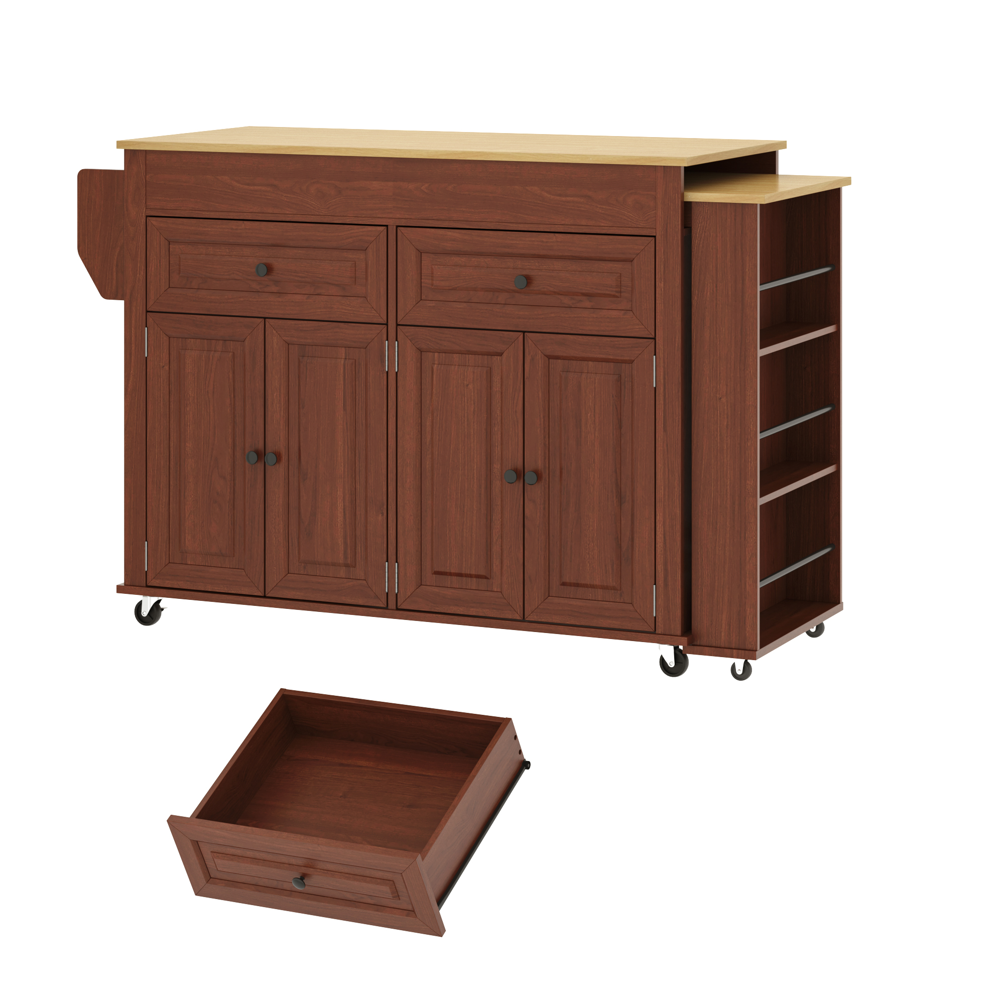 Blotout Large Extendable Kitchen Island Cart(80"-48")- Rolling on Wheels,with Extendable Dining Table,Power Outlet,2 Cabinets,2 Drawers&3 Open Shelves