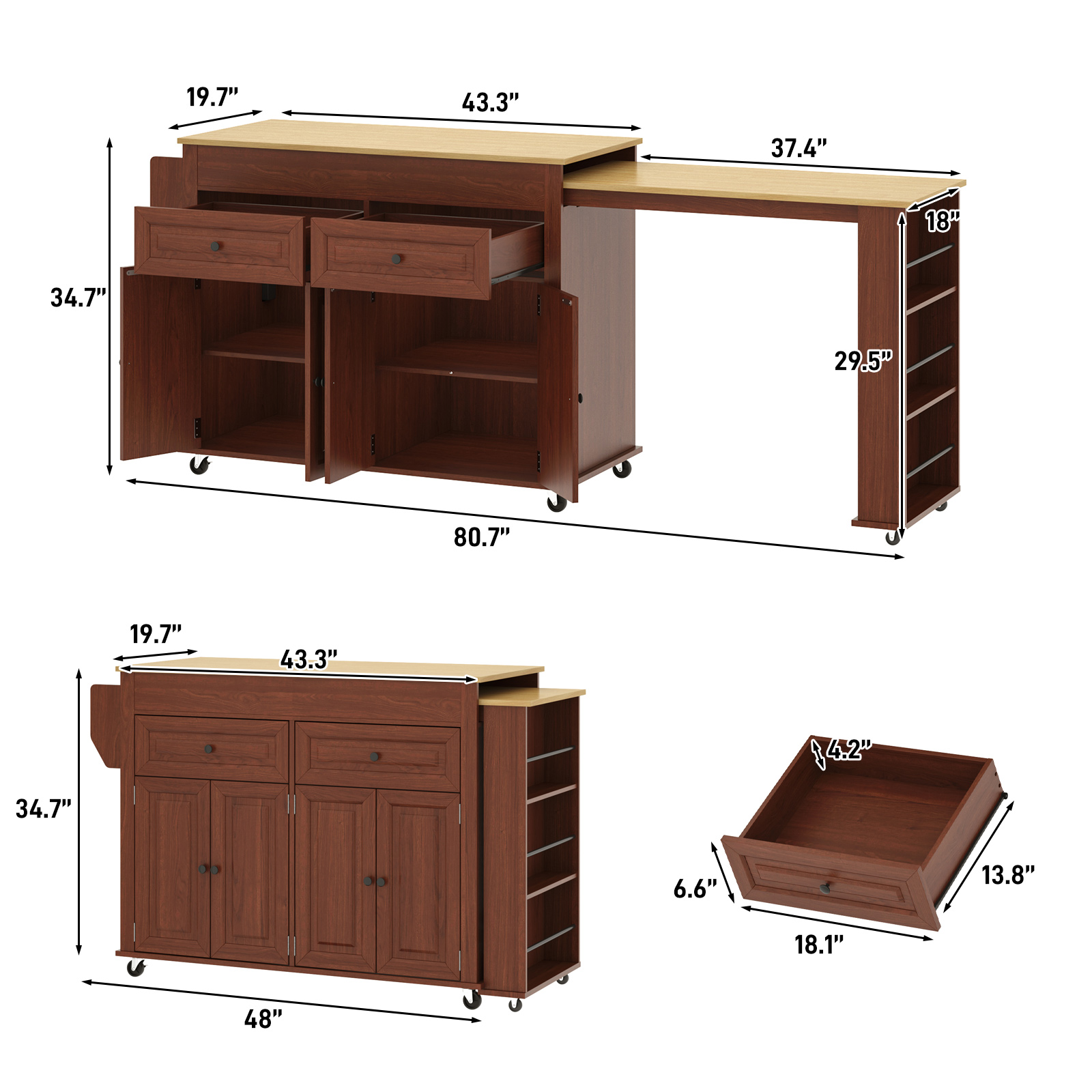Blotout Large Extendable Kitchen Island Cart(80"-48")- Rolling on Wheels,with Extendable Dining Table,Power Outlet,2 Cabinets,2 Drawers&3 Open Shelves