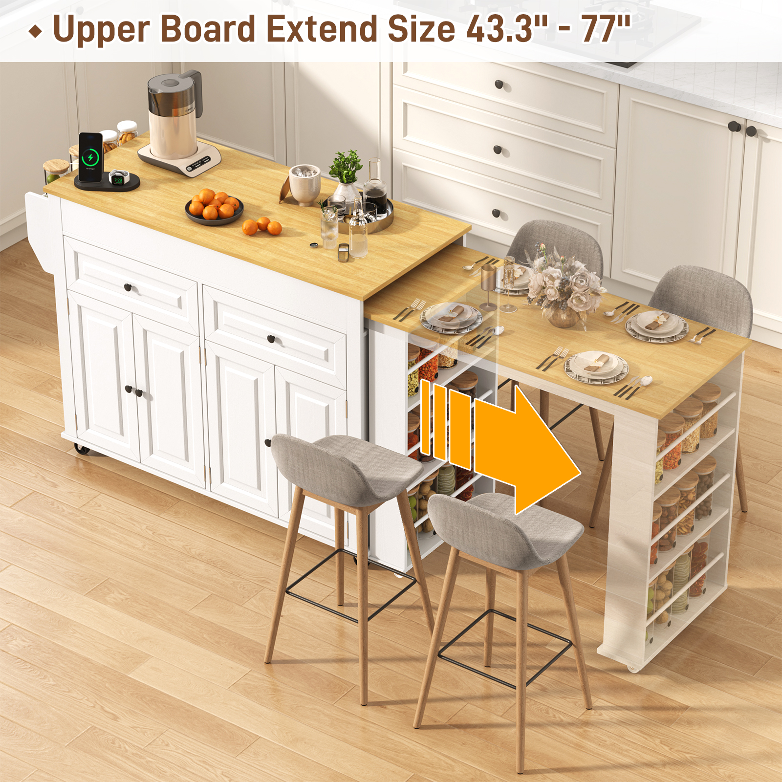 Blotout Large Extendable Kitchen Island Cart(80"-48")- Rolling on Wheels,with Extendable Dining Table,Power Outlet,2 Cabinets,2 Drawers&3 Open Shelves