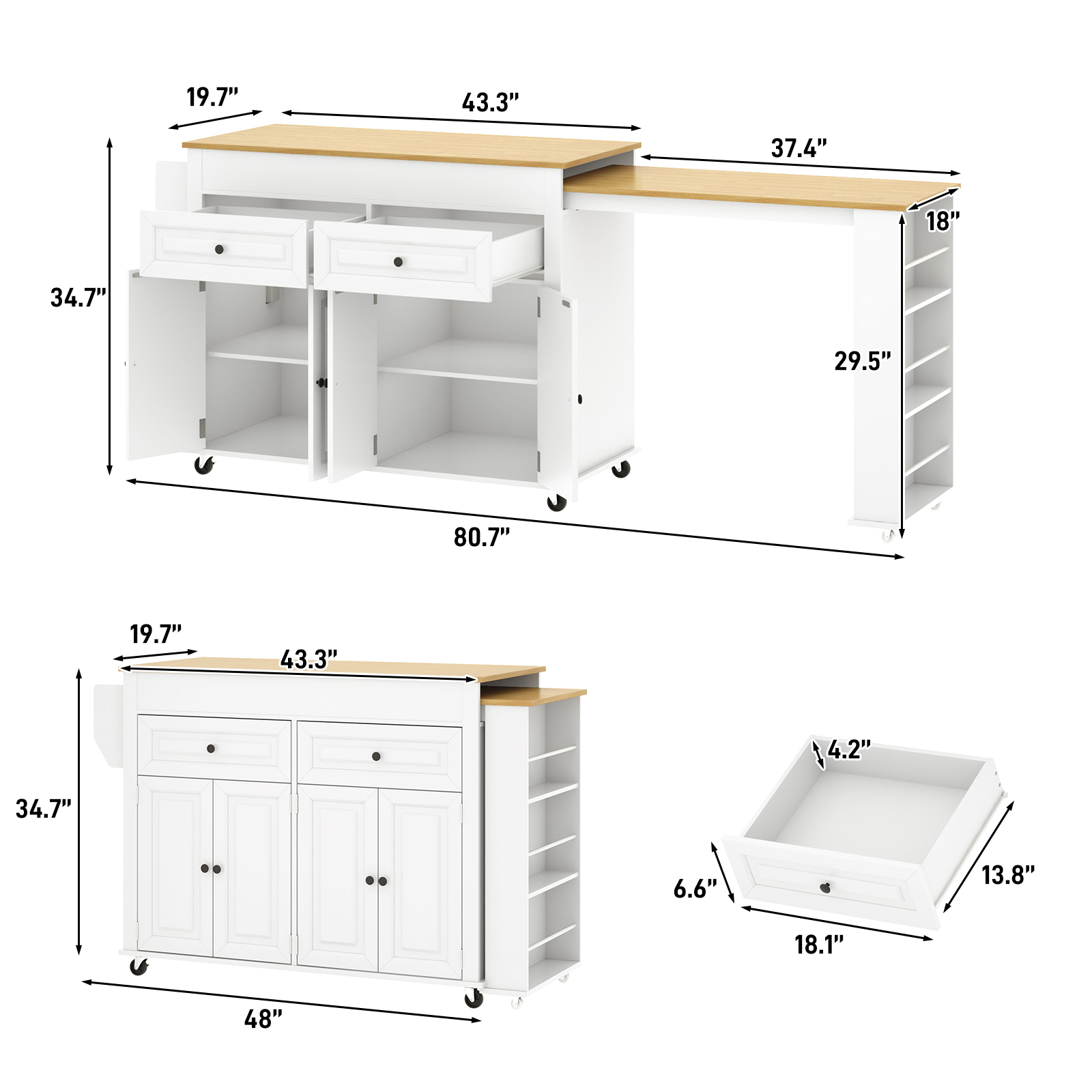 Blotout Large Extendable Kitchen Island Cart(80"-48")- Rolling on Wheels,with Extendable Dining Table,Power Outlet,2 Cabinets,2 Drawers&3 Open Shelves