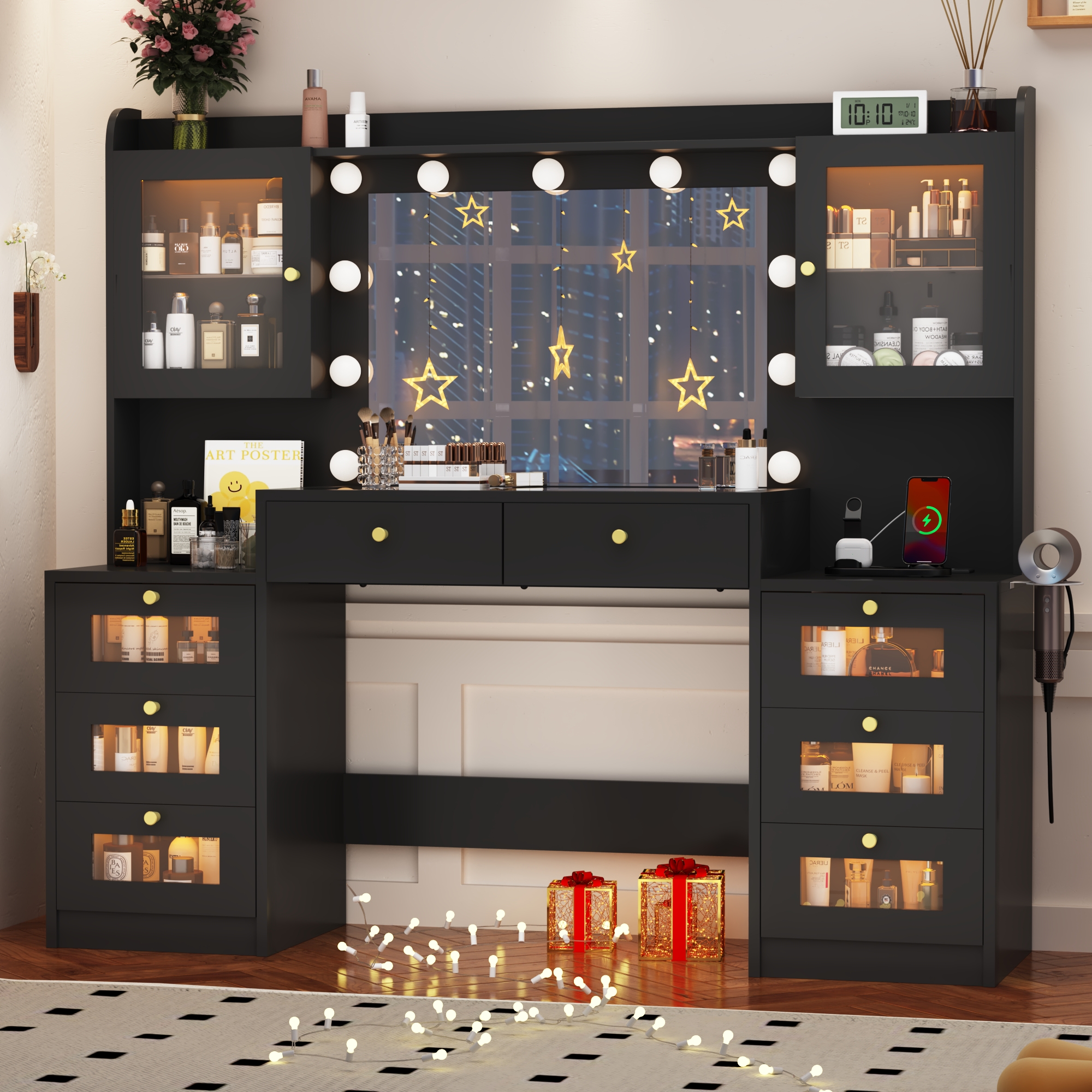 Blotout 62'' Large Vanity Desk with 2 RGB Glass Cabinets, Power Outlet, Glass Top, 11 LED Bulbs, 6 Translucent Drawers, 3 Lights Mode LED Mirror, Bedroom Makeup Vanity for Women, Girls