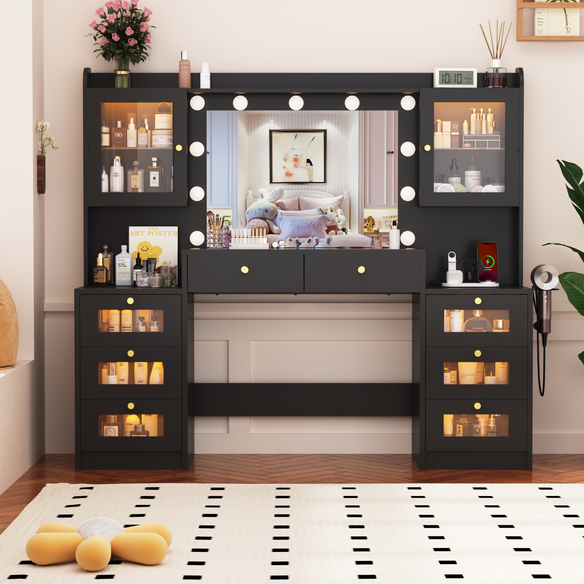 Blotout 62'' Large Vanity Desk with 2 RGB Glass Cabinets, Power Outlet, Glass Top, 11 LED Bulbs, 6 Translucent Drawers, 3 Lights Mode LED Mirror, Bedroom Makeup Vanity for Women, Girls