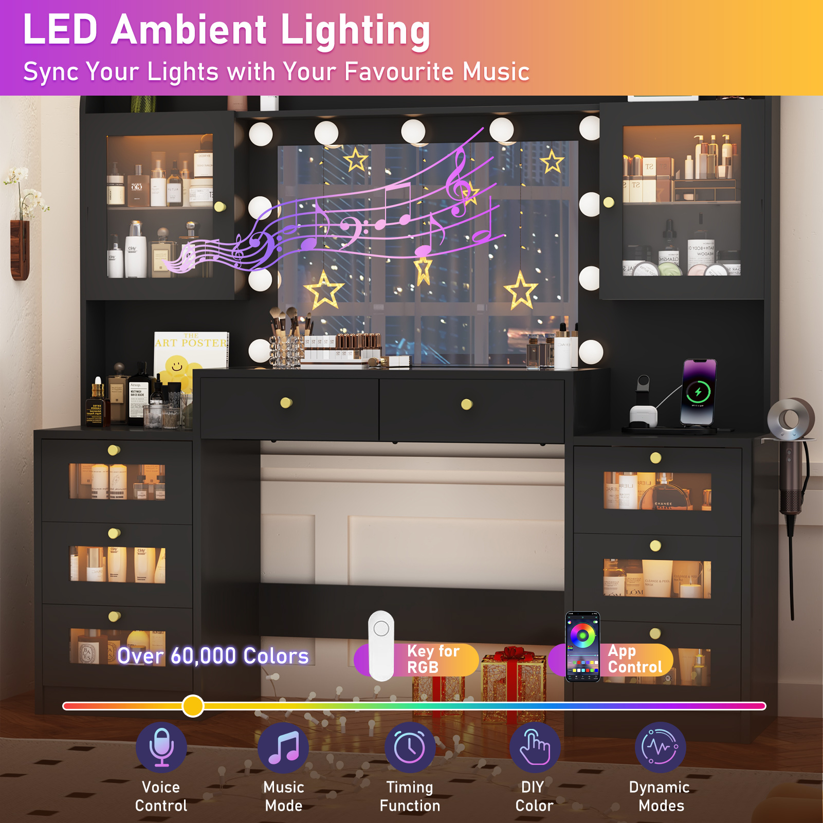 Blotout 62'' Large Vanity Desk with 2 RGB Glass Cabinets, Power Outlet, Glass Top, 11 LED Bulbs, 6 Translucent Drawers, 3 Lights Mode LED Mirror, Bedroom Makeup Vanity for Women, Girls