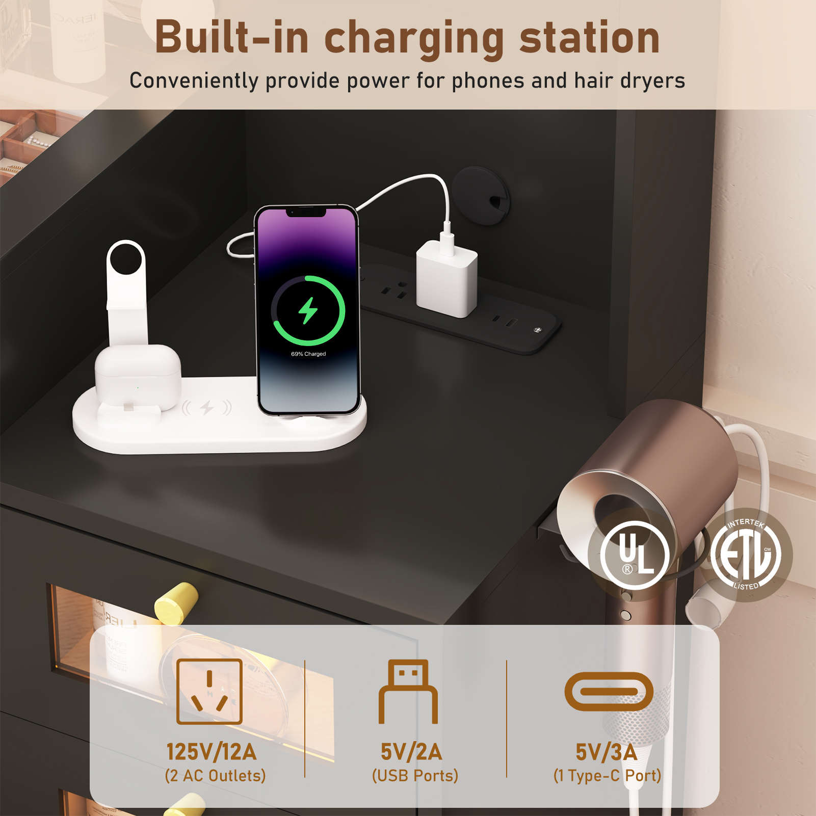 Blotout 62'' Large Vanity Desk with 2 RGB Glass Cabinets, Power Outlet, Glass Top, 11 LED Bulbs, 6 Translucent Drawers, 3 Lights Mode LED Mirror, Bedroom Makeup Vanity for Women, Girls