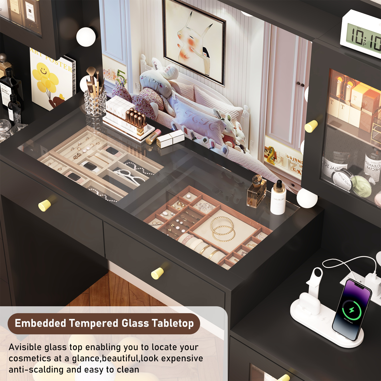 Blotout 62'' Large Vanity Desk with 2 RGB Glass Cabinets, Power Outlet, Glass Top, 11 LED Bulbs, 6 Translucent Drawers, 3 Lights Mode LED Mirror, Bedroom Makeup Vanity for Women, Girls