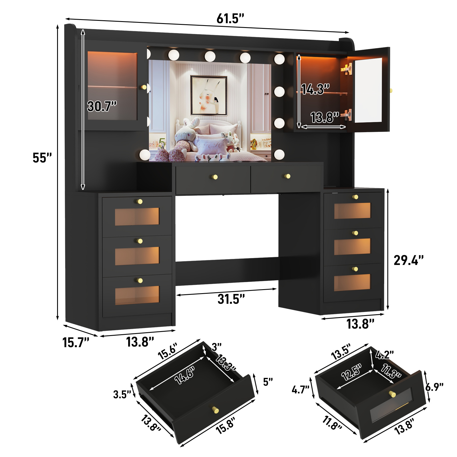 Blotout 62'' Large Vanity Desk with 2 RGB Glass Cabinets, Power Outlet, Glass Top, 11 LED Bulbs, 6 Translucent Drawers, 3 Lights Mode LED Mirror, Bedroom Makeup Vanity for Women, Girls