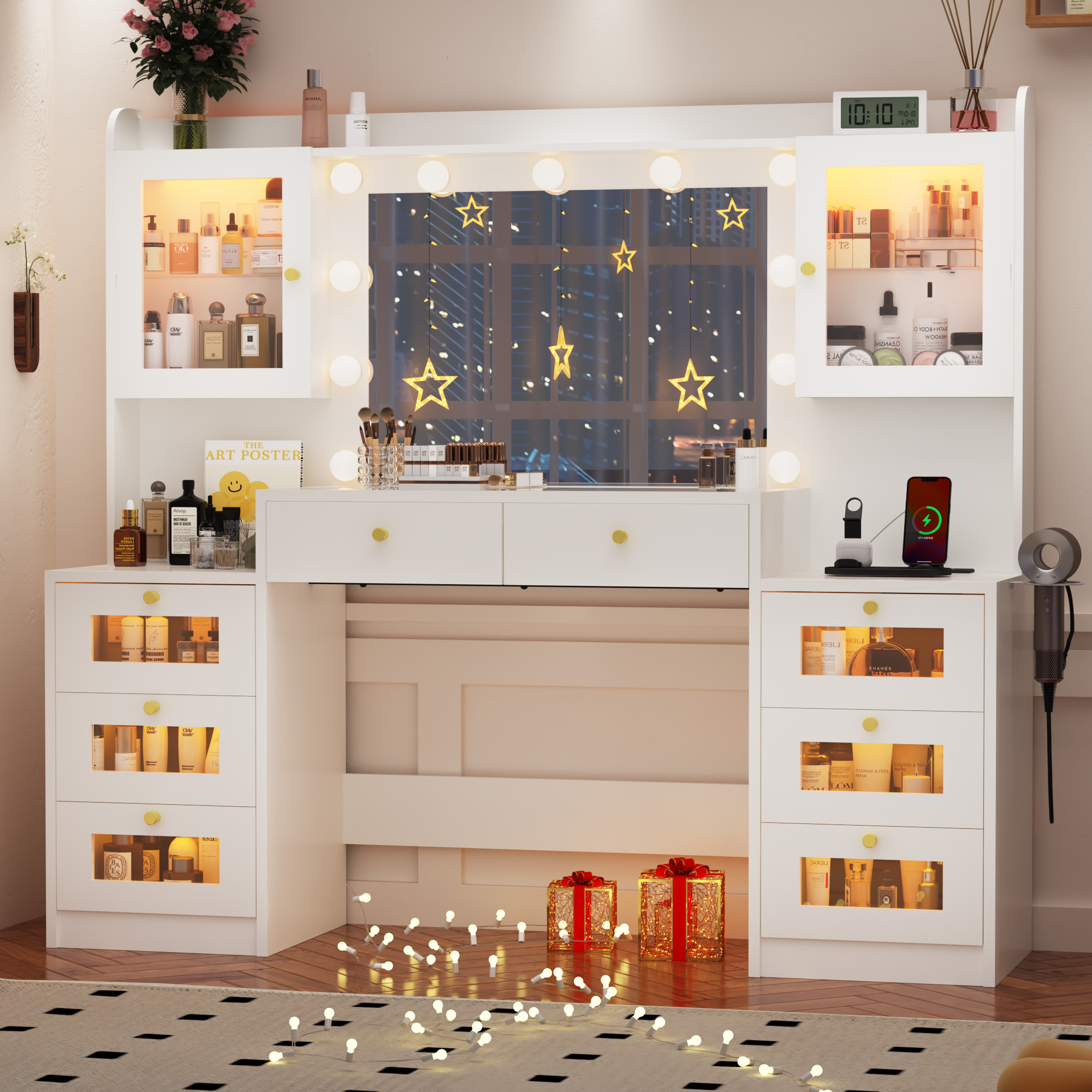 Blotout 62'' Large Vanity Desk with 2 RGB Glass Cabinets, Power Outlet, Glass Top, 11 LED Bulbs, 6 Translucent Drawers, 3 Lights Mode LED Mirror, Bedroom Makeup Vanity for Women, Girls