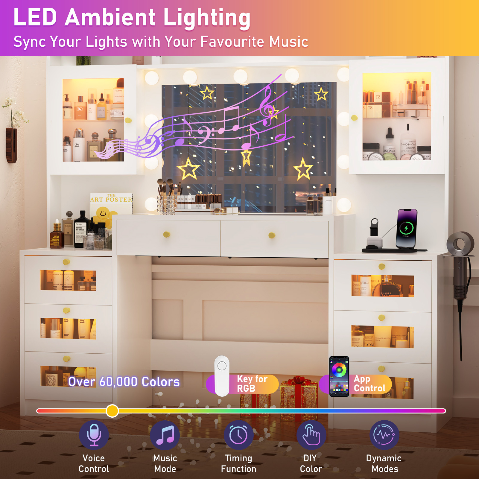 Blotout 62'' Large Vanity Desk with 2 RGB Glass Cabinets, Power Outlet, Glass Top, 11 LED Bulbs, 6 Translucent Drawers, 3 Lights Mode LED Mirror, Bedroom Makeup Vanity for Women, Girls