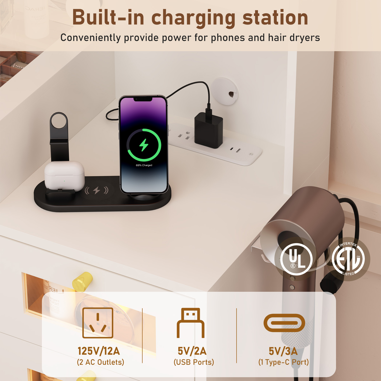 Blotout 62'' Large Vanity Desk with 2 RGB Glass Cabinets, Power Outlet, Glass Top, 11 LED Bulbs, 6 Translucent Drawers, 3 Lights Mode LED Mirror, Bedroom Makeup Vanity for Women, Girls